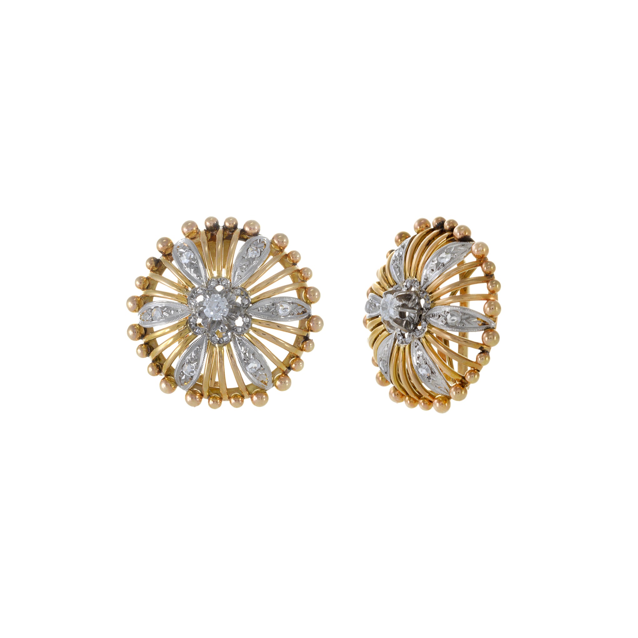 Victorian Era 18KT Yellow Gold And Platinum Diamond Circle Beaded Earrings