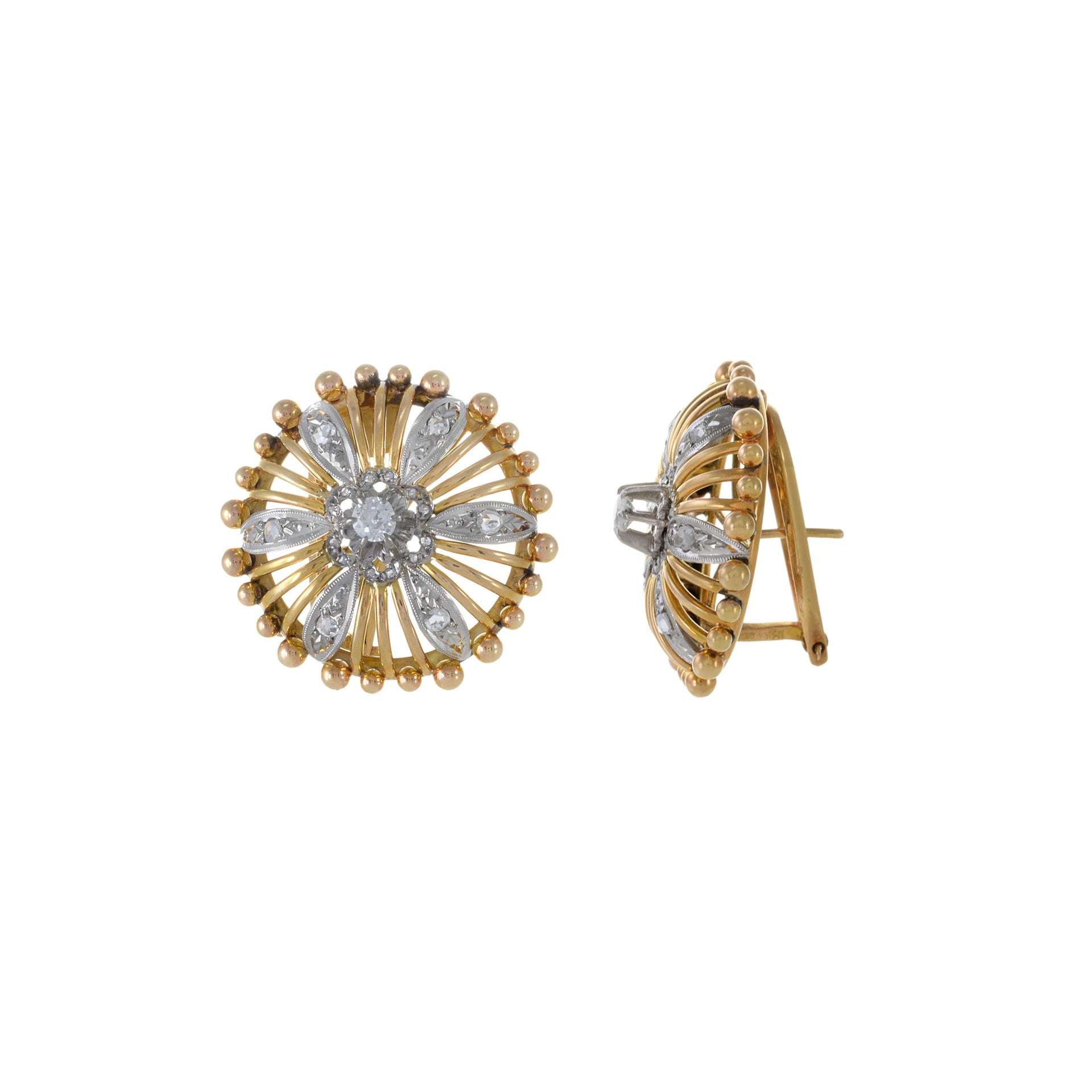 Victorian Era 18KT Yellow Gold And Platinum Diamond Circle Beaded Earrings