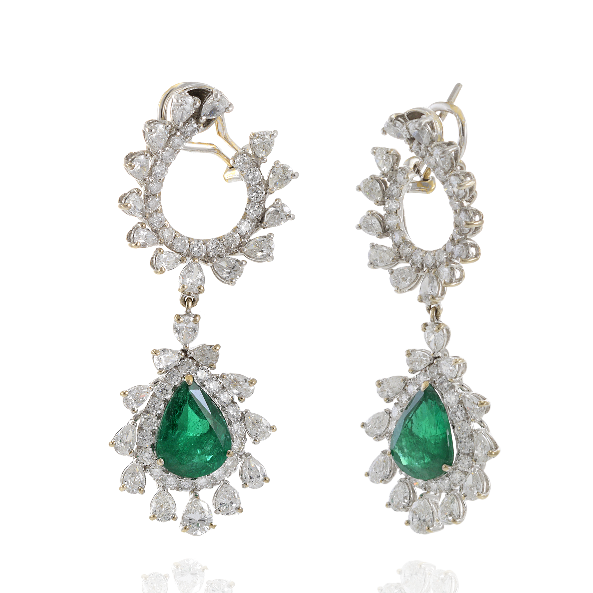 18KT White Gold Genuine Emerald and Diamond Drop Earrings