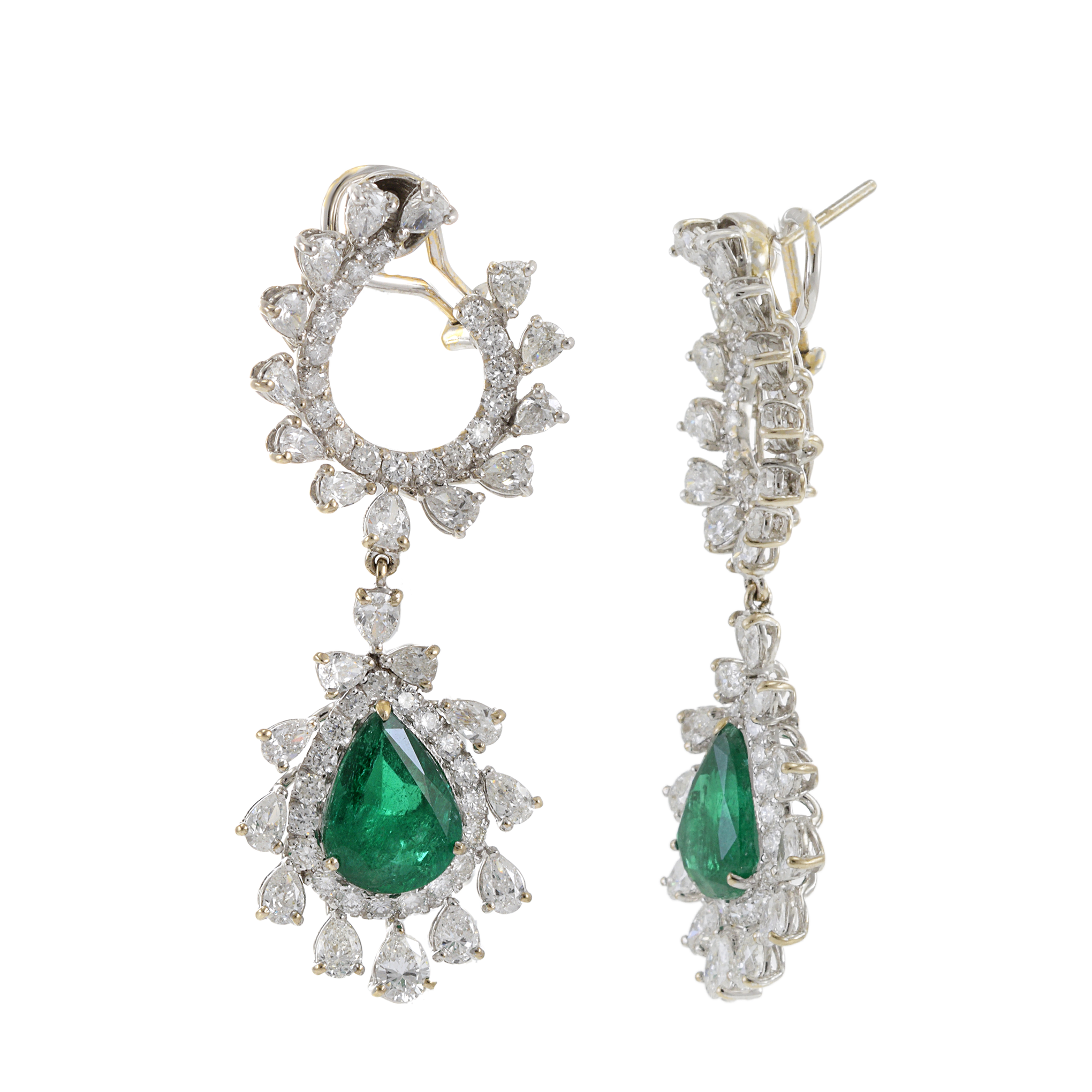 18KT White Gold Genuine Emerald and Diamond Drop Earrings