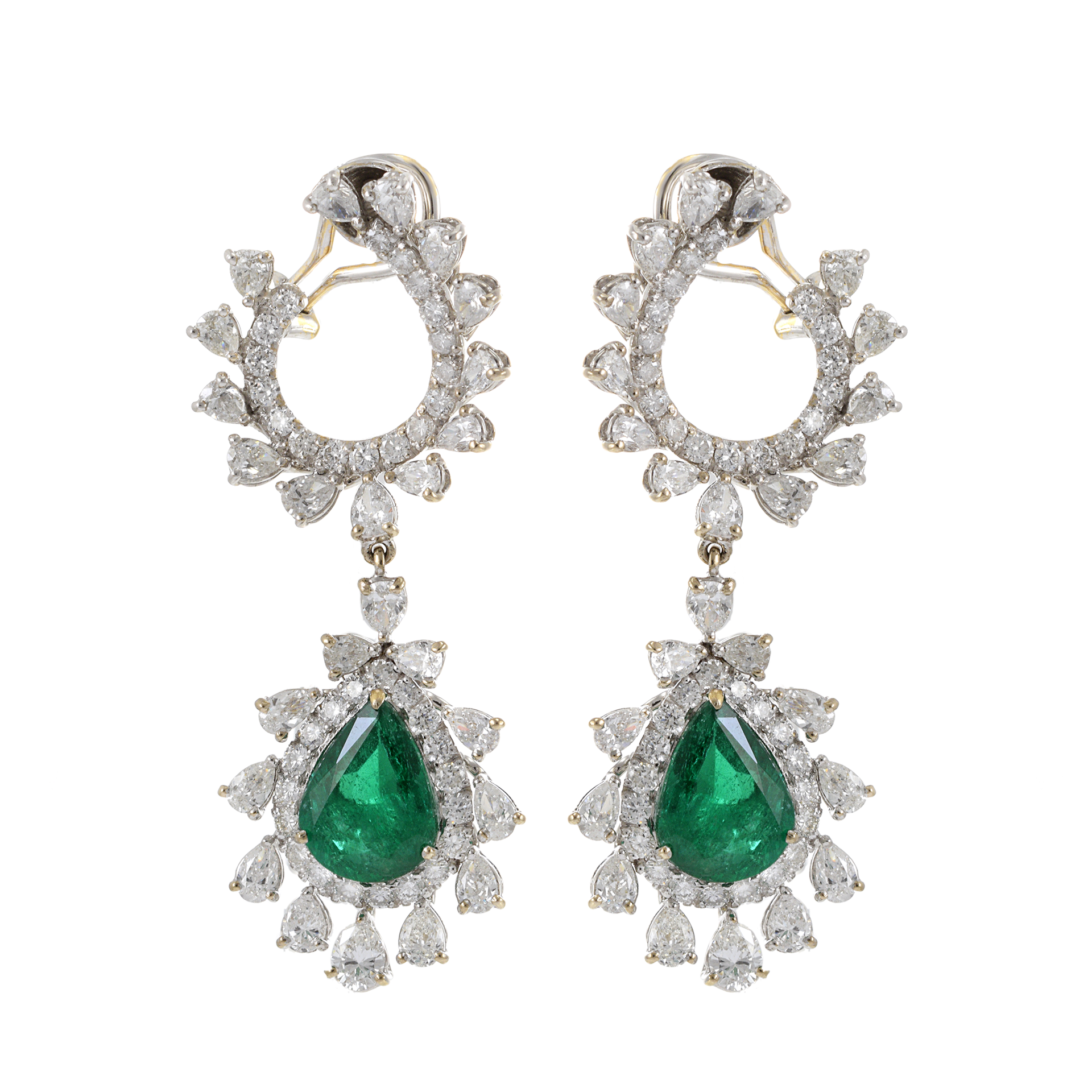 18KT White Gold Genuine Emerald and Diamond Drop Earrings