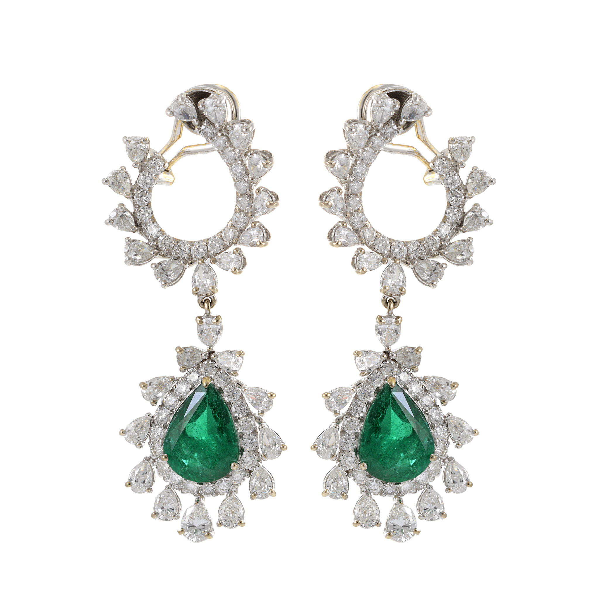 18KT White Gold Genuine Emerald and Diamond Drop Earrings