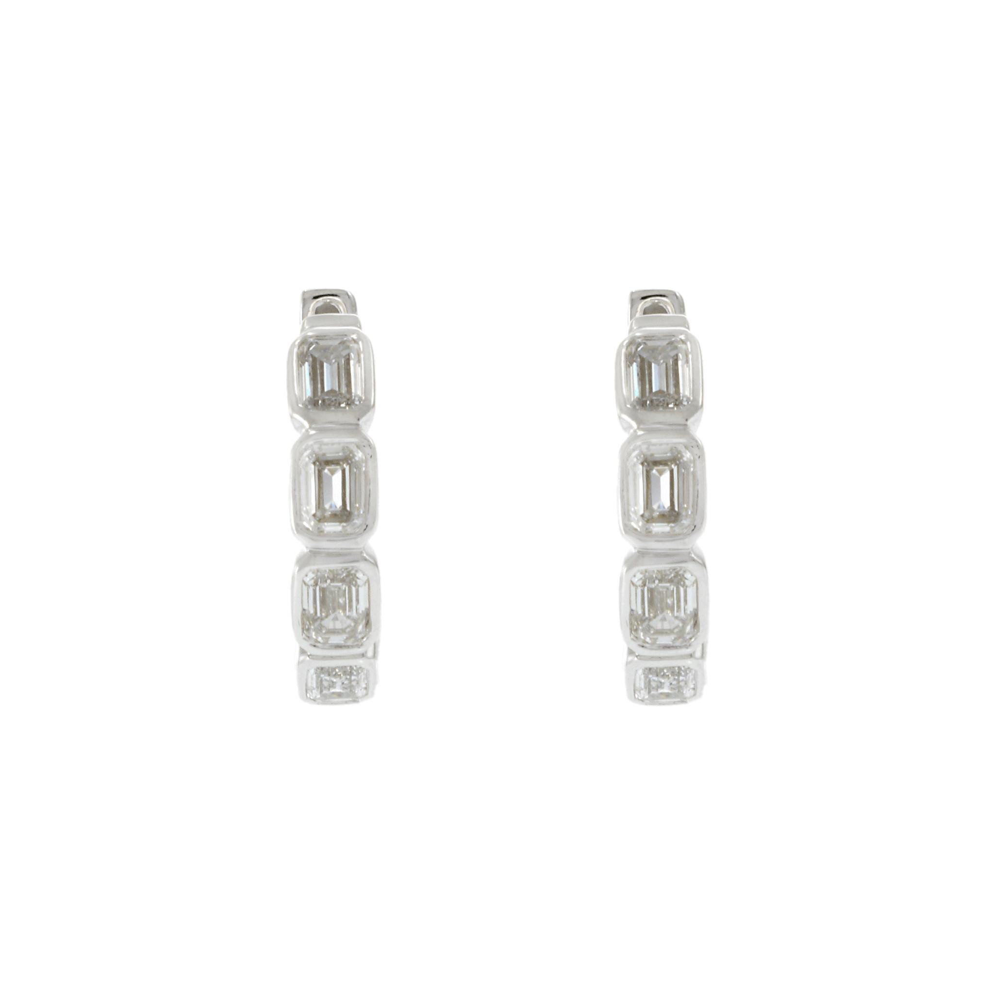 14KT White Gold Emerald-Cut Diamond Huggie Earrings