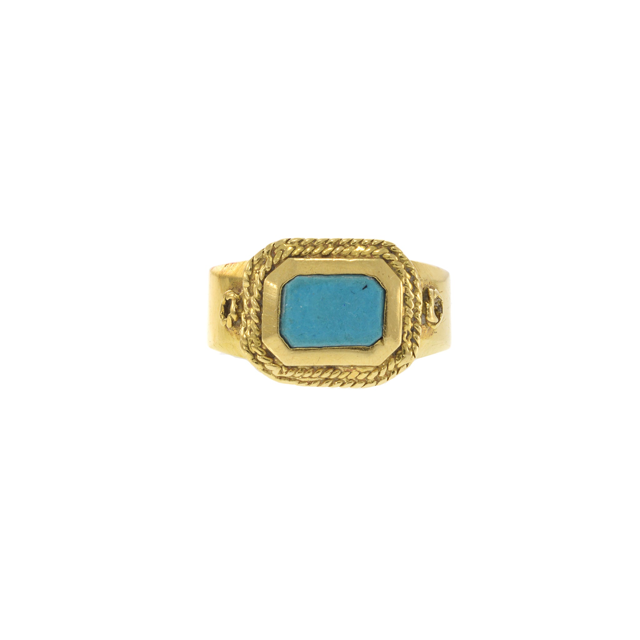 18KT Yellow Gold Retro Era Turquoise Inlay Ring with Double Rope Design