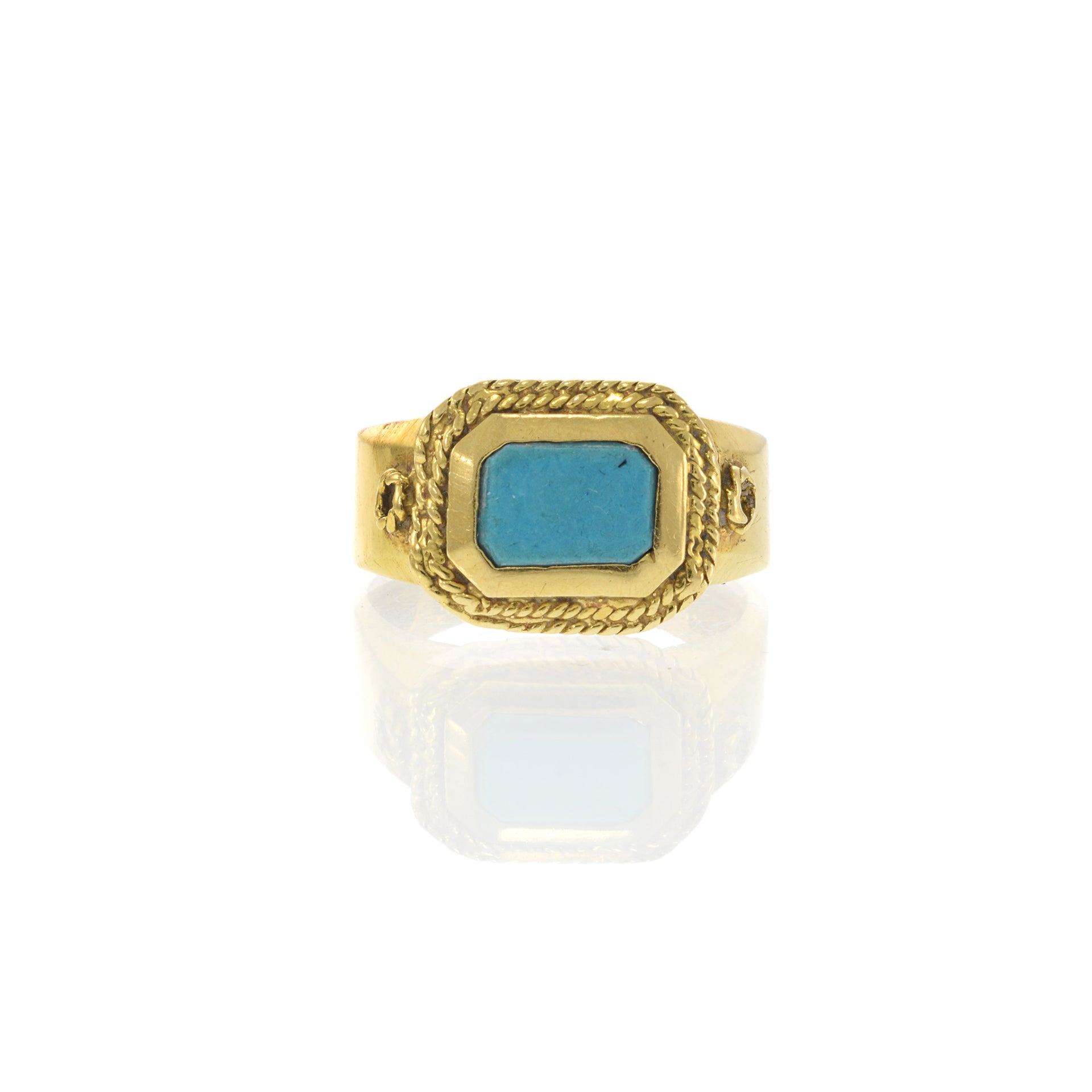 18KT Yellow Gold Retro Era Turquoise Inlay Ring with Double Rope Design