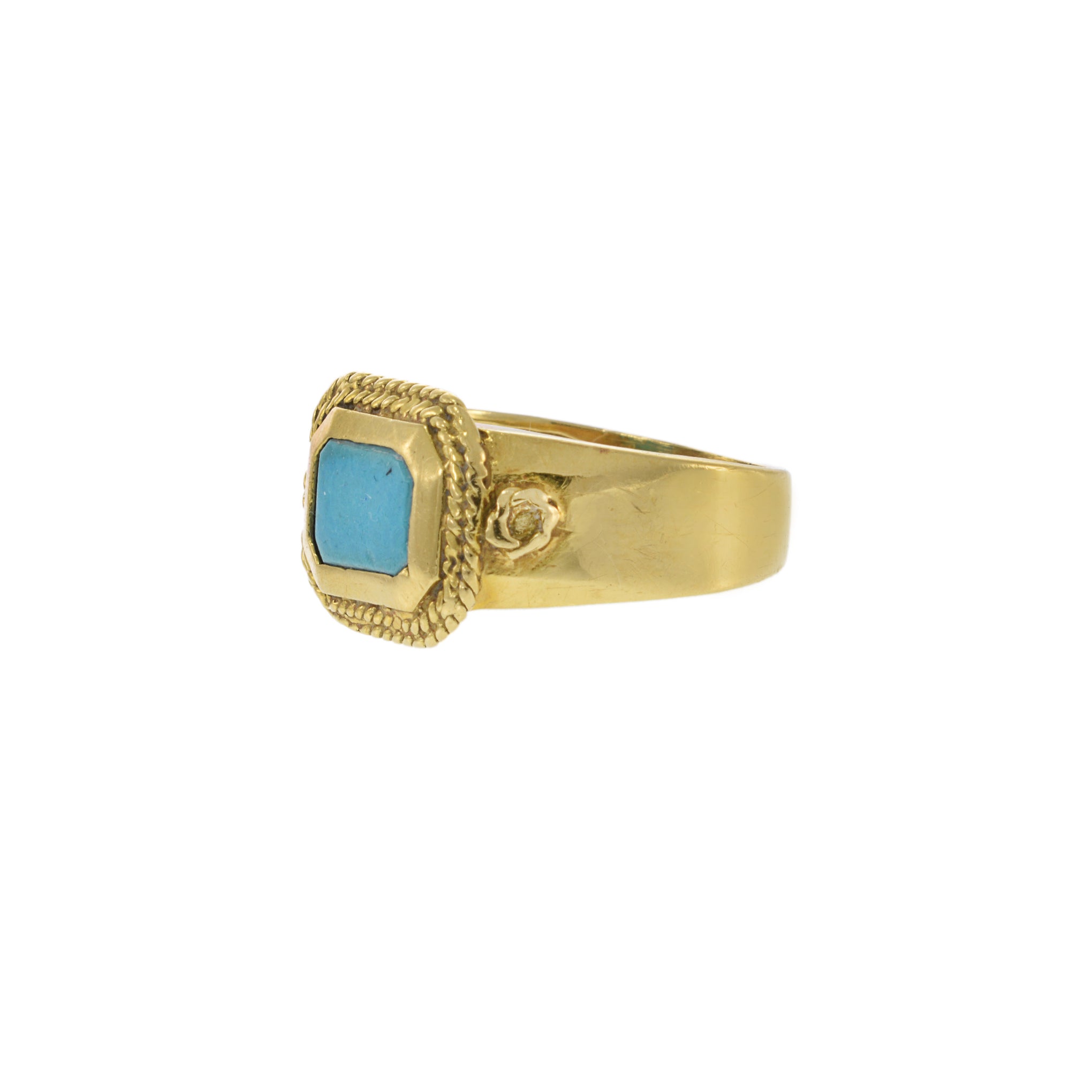 18KT Yellow Gold Retro Era Turquoise Inlay Ring with Double Rope Design