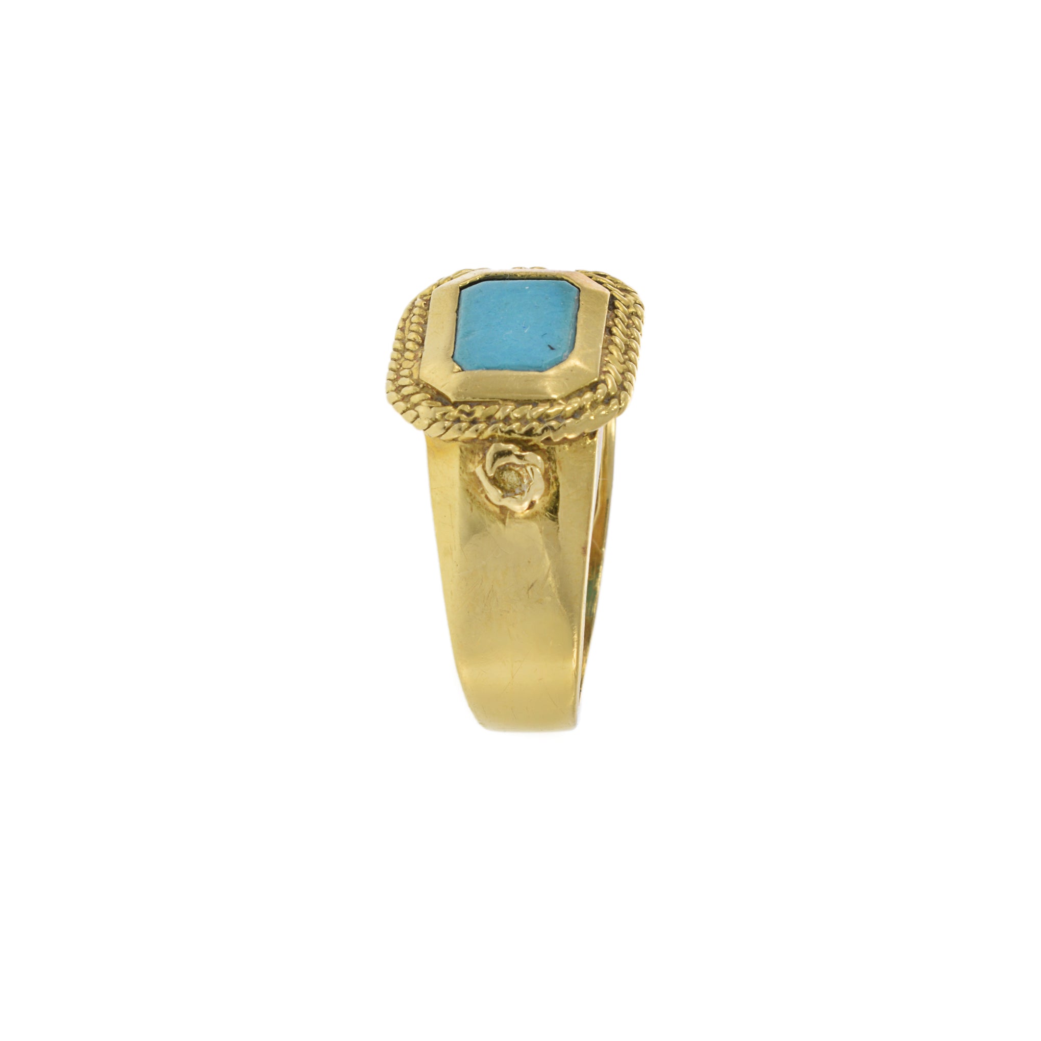 18KT Yellow Gold Retro Era Turquoise Inlay Ring with Double Rope Design