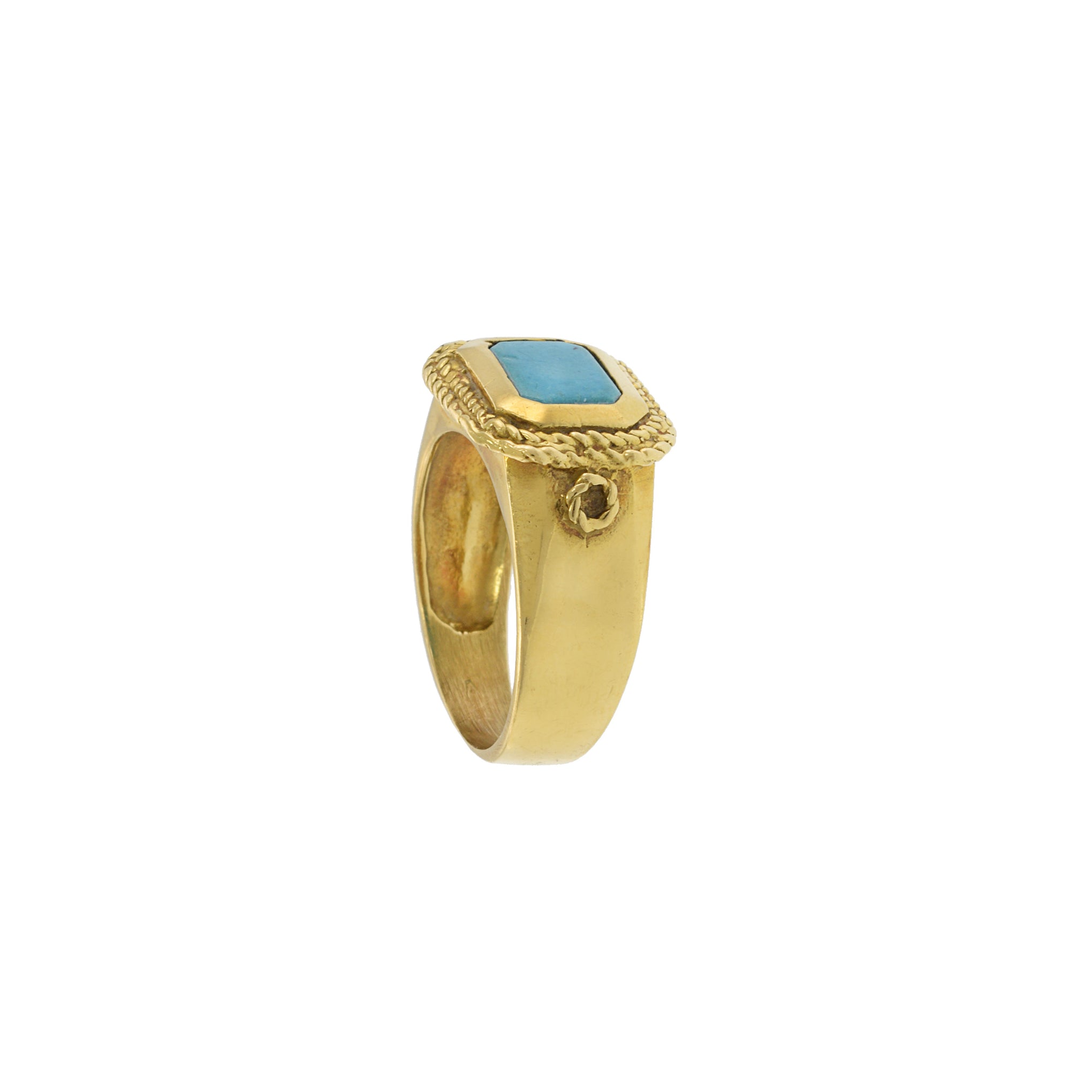 18KT Yellow Gold Retro Era Turquoise Inlay Ring with Double Rope Design