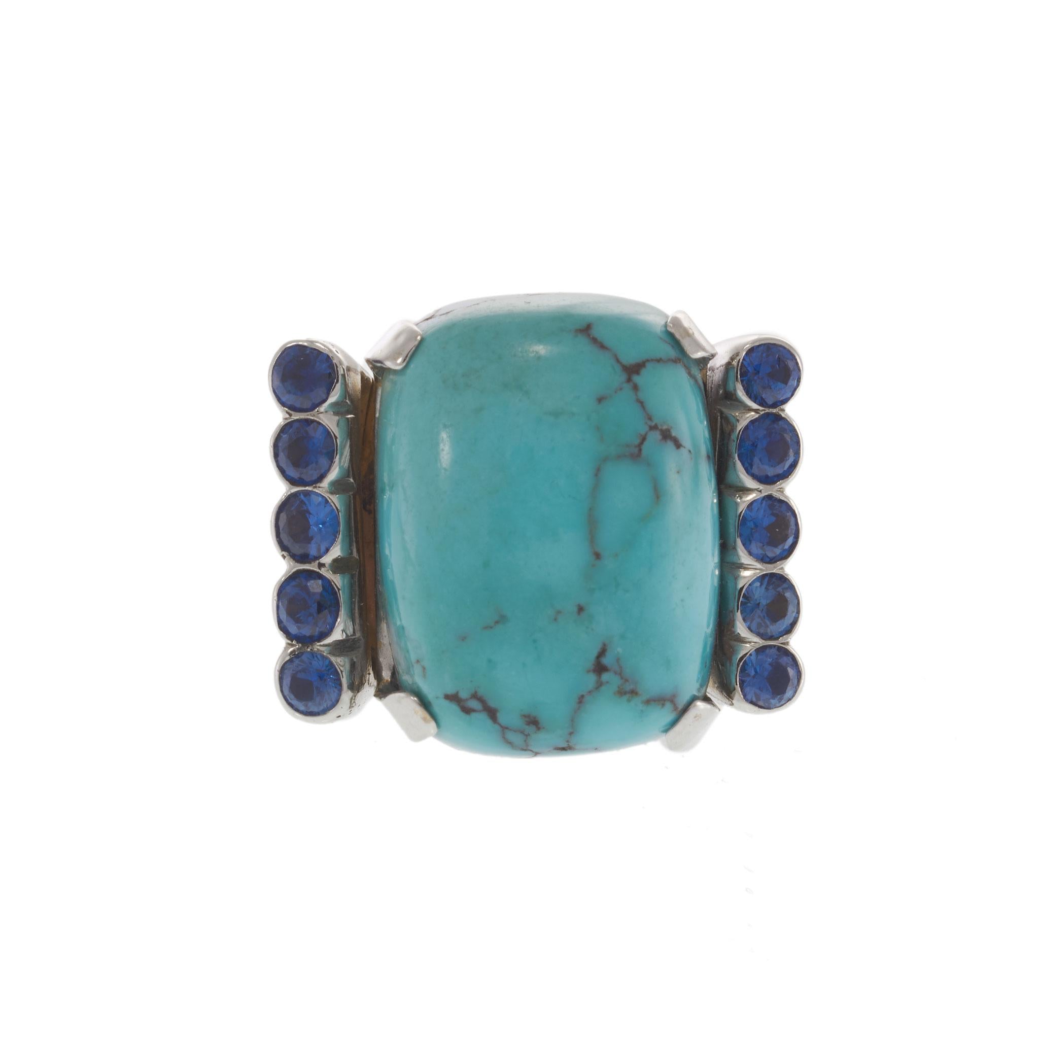 Vintage Retro Era 14KT White Gold Turquoise & Blue Sapphire Cocktail Ring