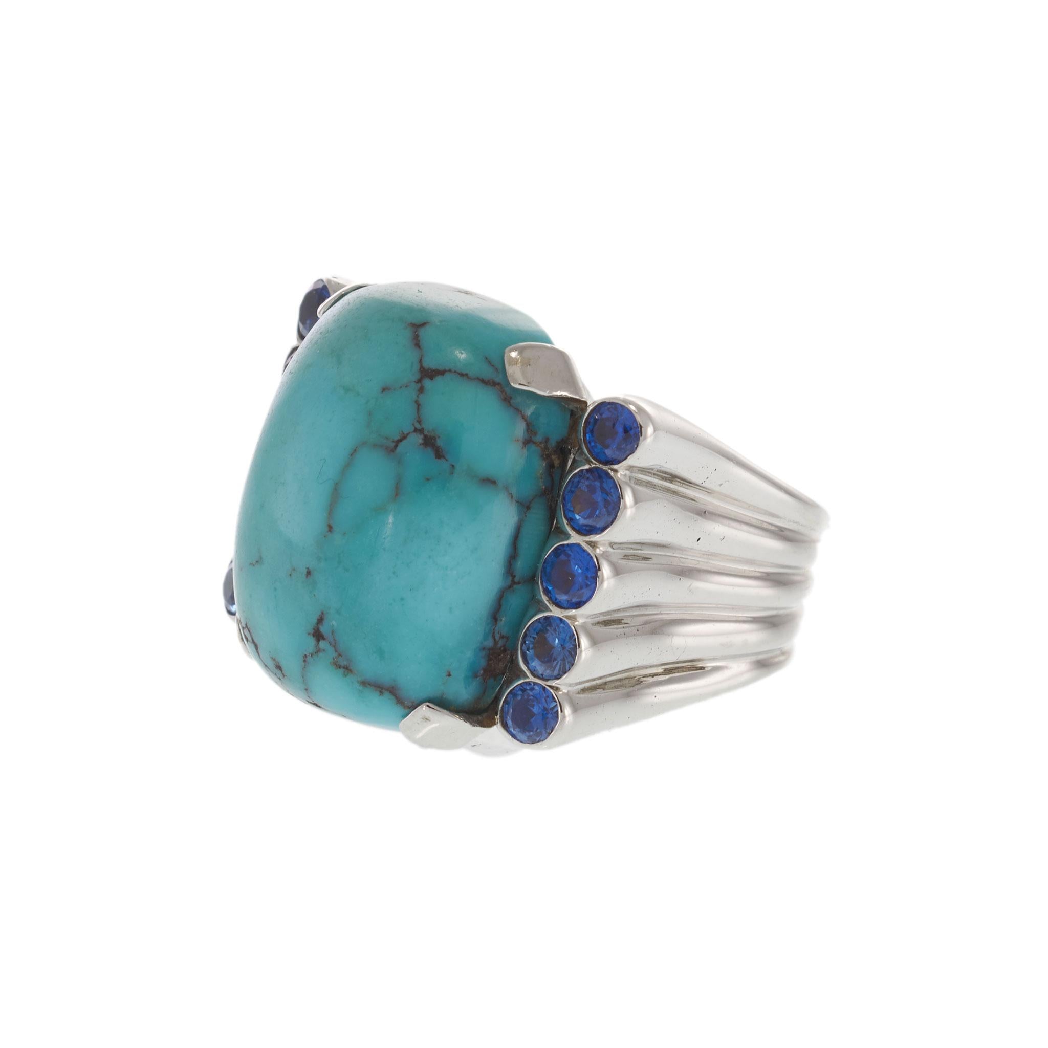 Vintage Retro Era 14KT White Gold Turquoise & Blue Sapphire Cocktail Ring