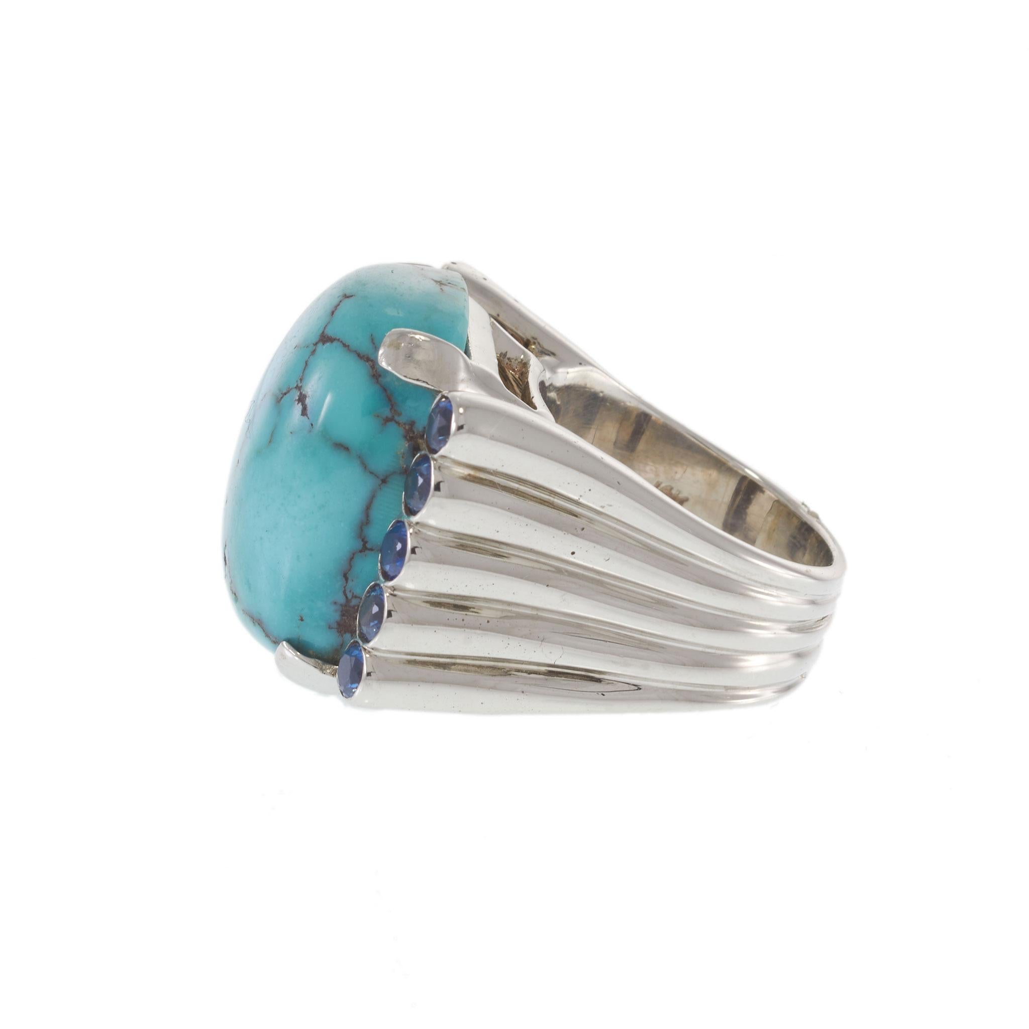 Vintage Retro Era 14KT White Gold Turquoise & Blue Sapphire Cocktail Ring