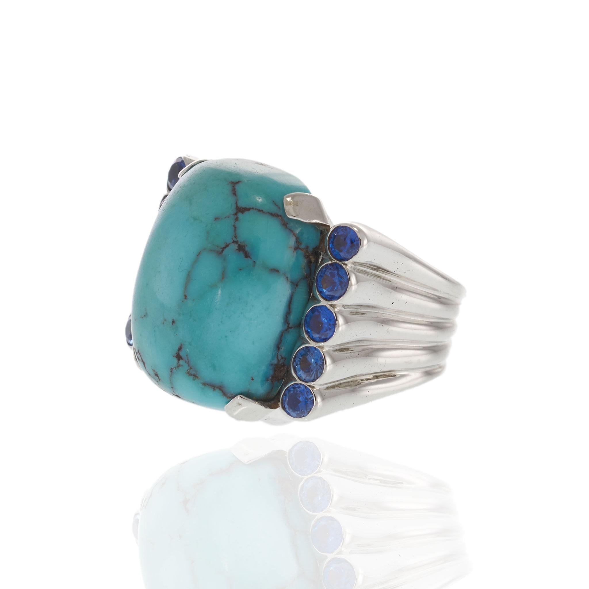 Vintage Retro Era 14KT White Gold Turquoise & Blue Sapphire Cocktail Ring