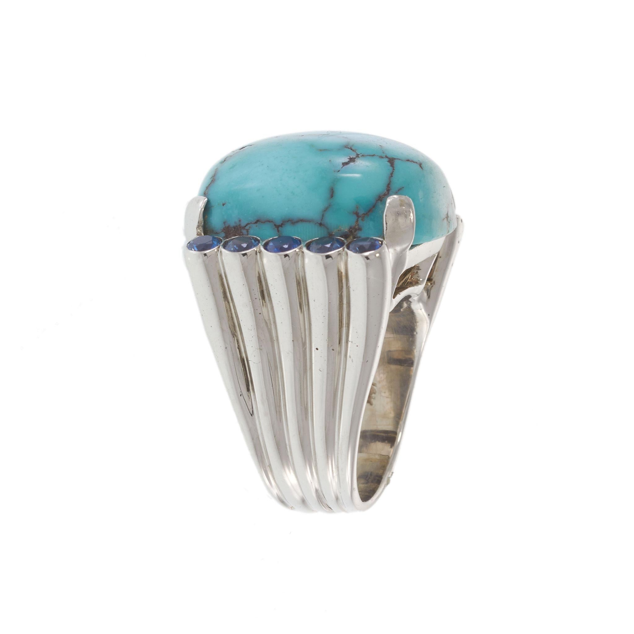Vintage Retro Era 14KT White Gold Turquoise & Blue Sapphire Cocktail Ring
