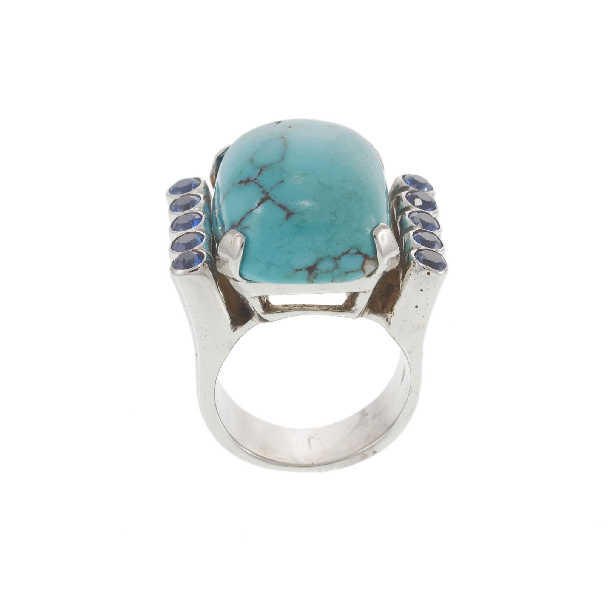 Vintage Retro Era 14KT White Gold Turquoise & Blue Sapphire Cocktail Ring