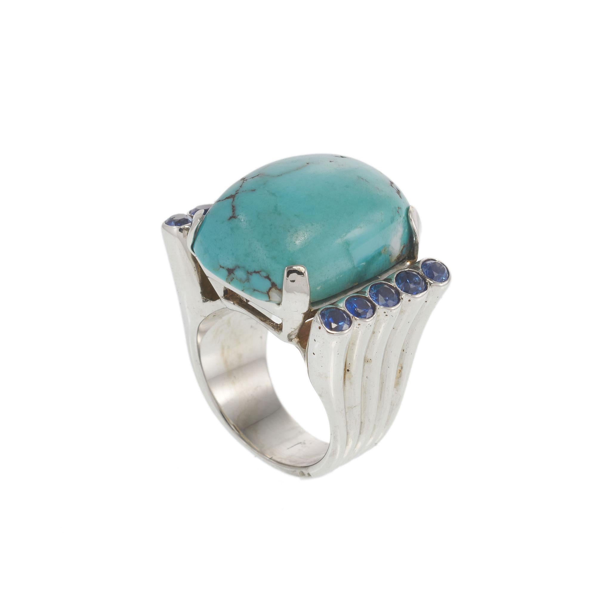 Vintage Retro Era 14KT White Gold Turquoise & Blue Sapphire Cocktail Ring