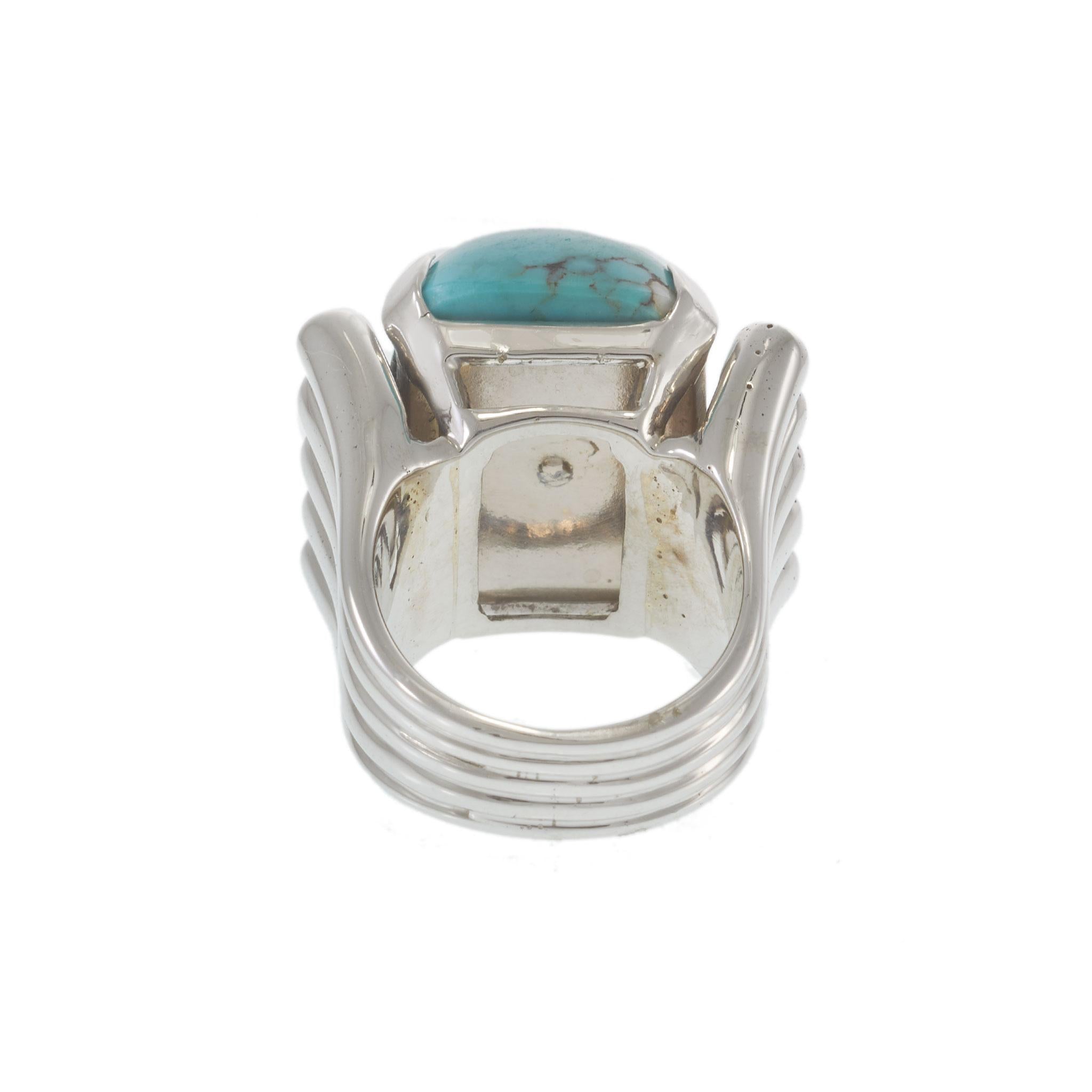 Vintage Retro Era 14KT White Gold Turquoise & Blue Sapphire Cocktail Ring