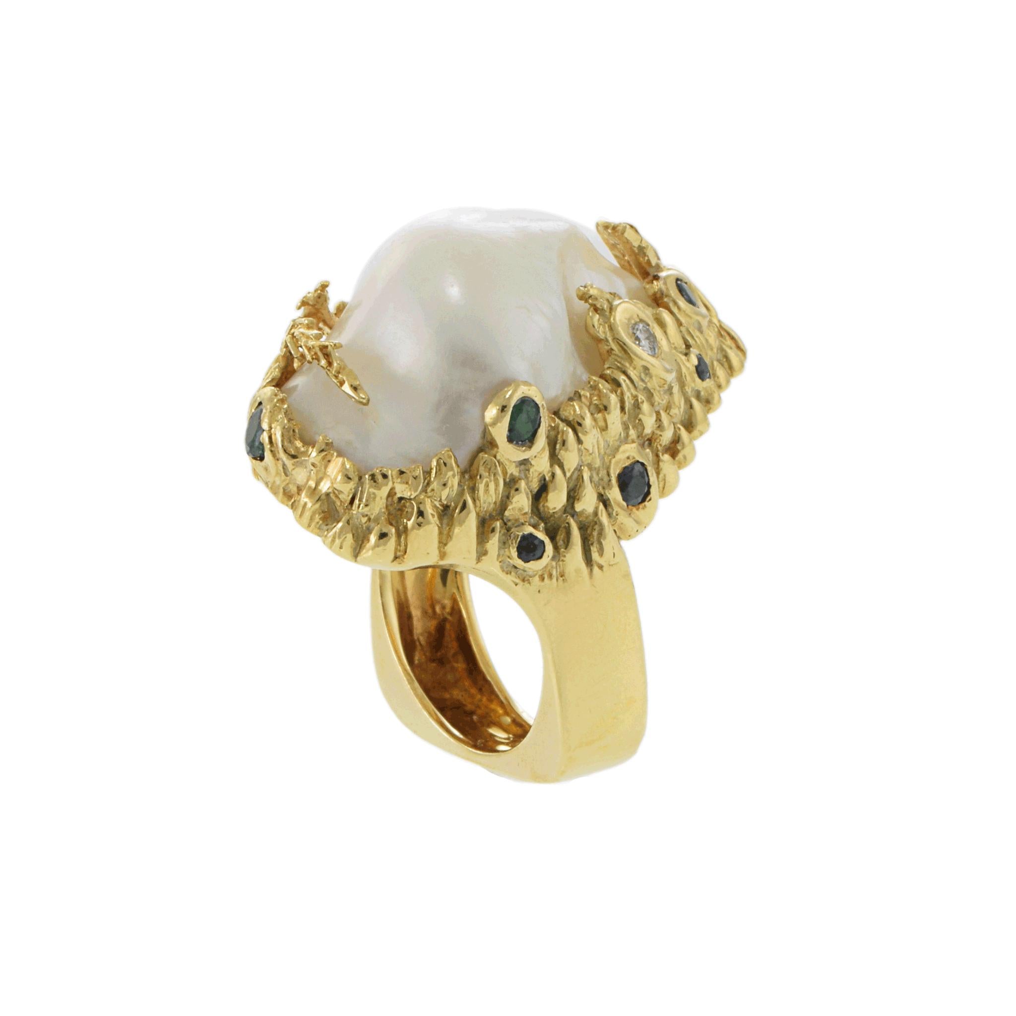 Vintage Retro Era 18KT Yellow Gold Baroque Pearl Ring