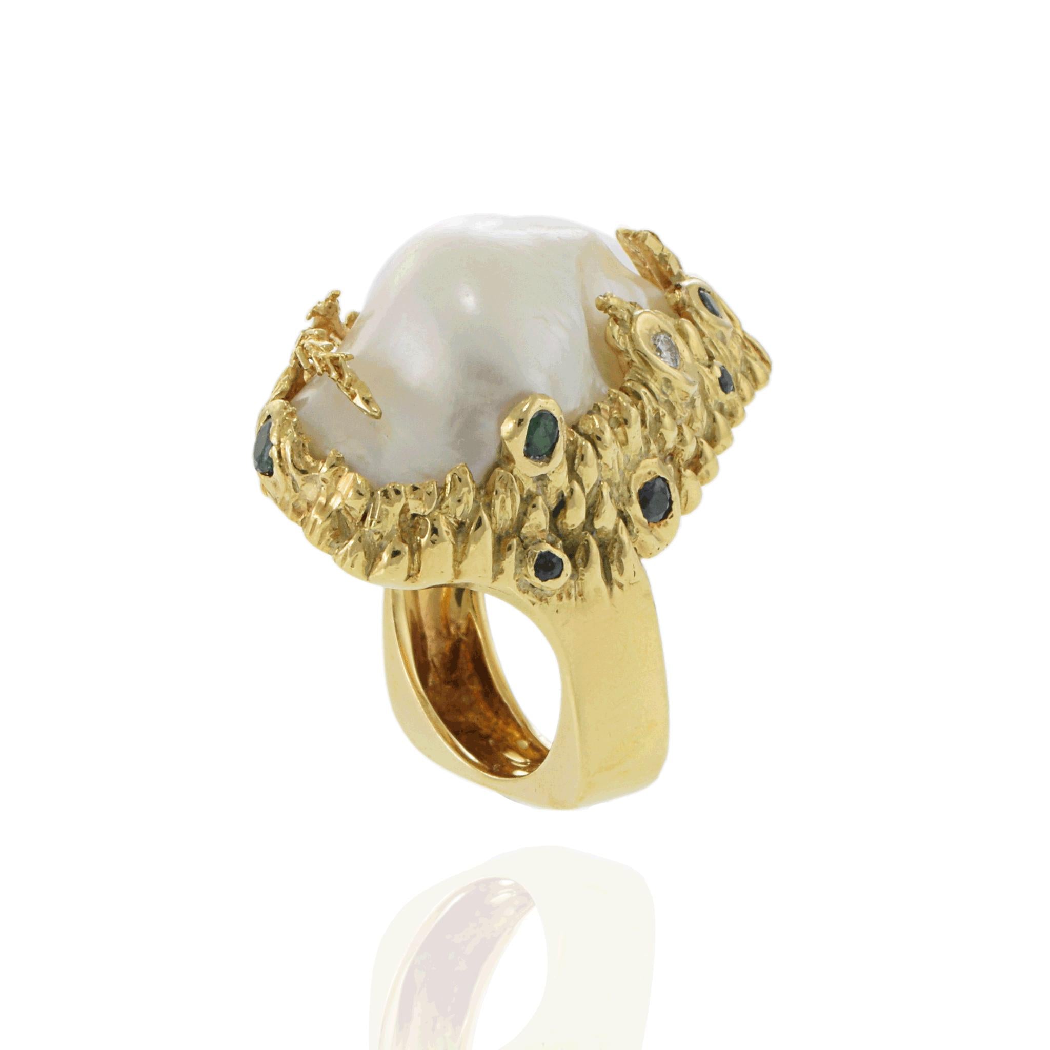 Vintage Retro Era 18KT Yellow Gold Baroque Pearl Ring