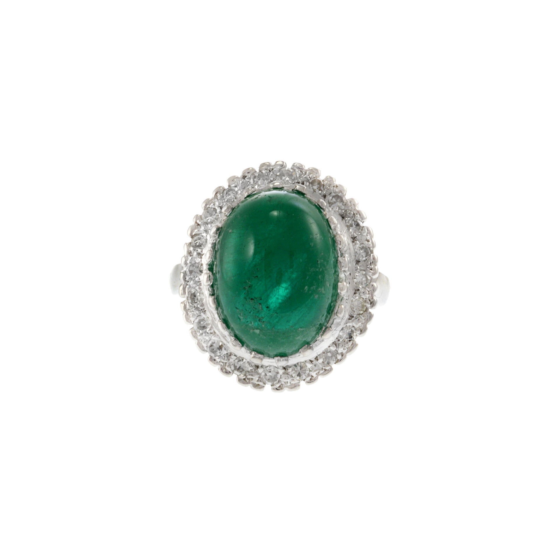 Estate Retro Era 14KT White Gold Genuine 8.19CT Cabochon Emerald and Diamond Ring