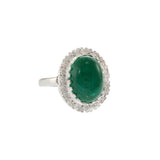 Estate Retro Era 14KT White Gold Genuine 8.19CT Cabochon Emerald and Diamond Ring