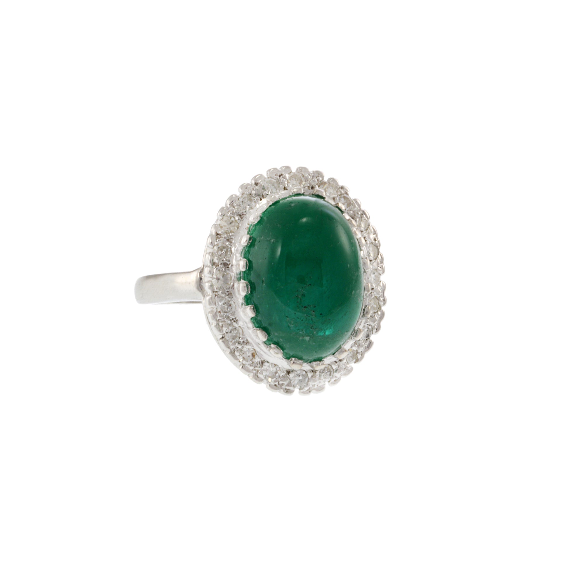 Estate Retro Era 14KT White Gold Genuine 8.19CT Cabochon Emerald and Diamond Ring