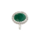 Estate Retro Era 14KT White Gold Genuine 8.19CT Cabochon Emerald and Diamond Ring