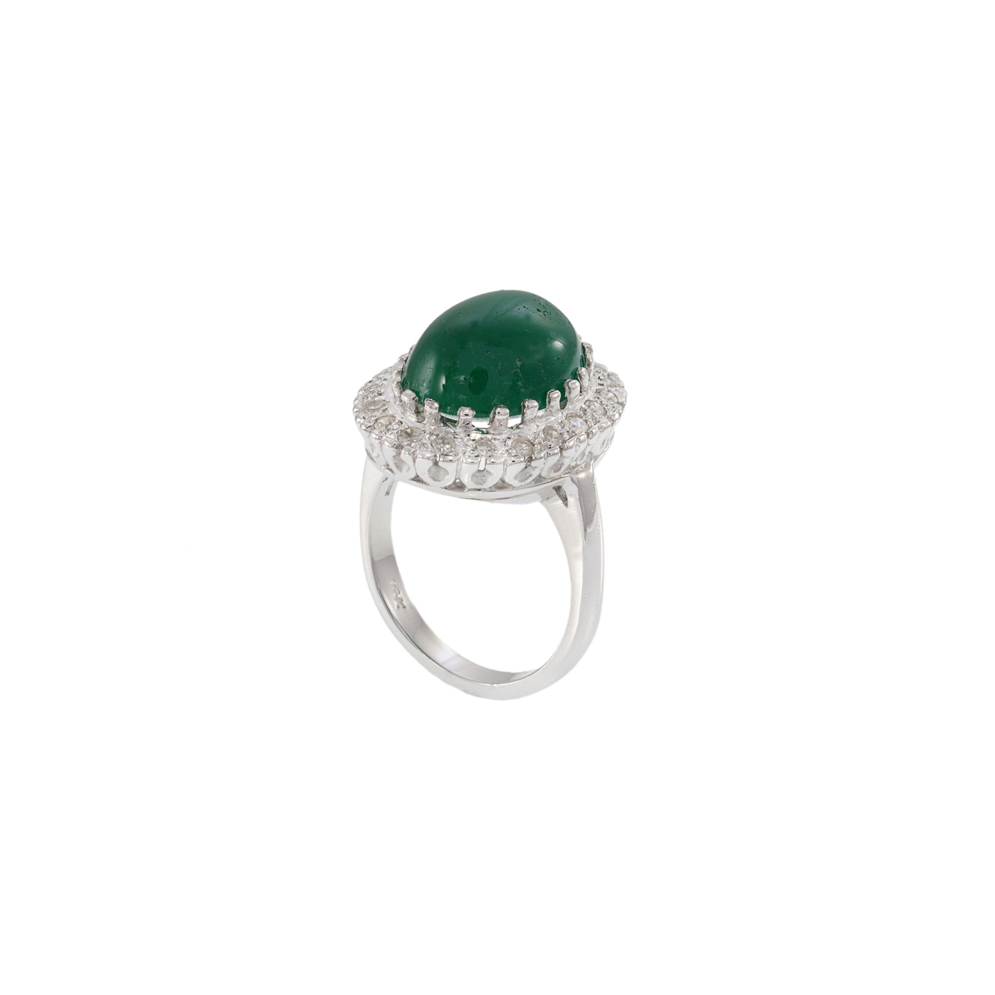 Estate Retro Era 14KT White Gold Genuine 8.19CT Cabochon Emerald and Diamond Ring