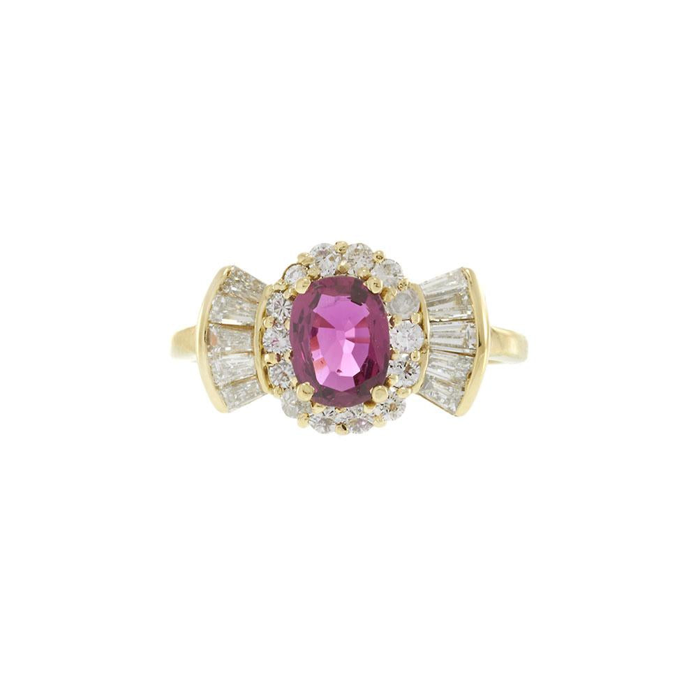 Vintage 1970s 18KT Yellow Gold Ruby and Diamond Bow Tie Ring