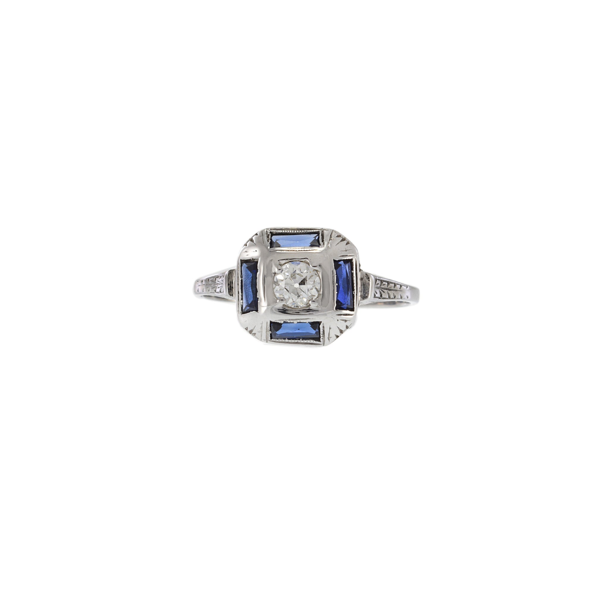 14KT White Gold and Platinum Art Deco Sapphire and Diamond Filigree Ring