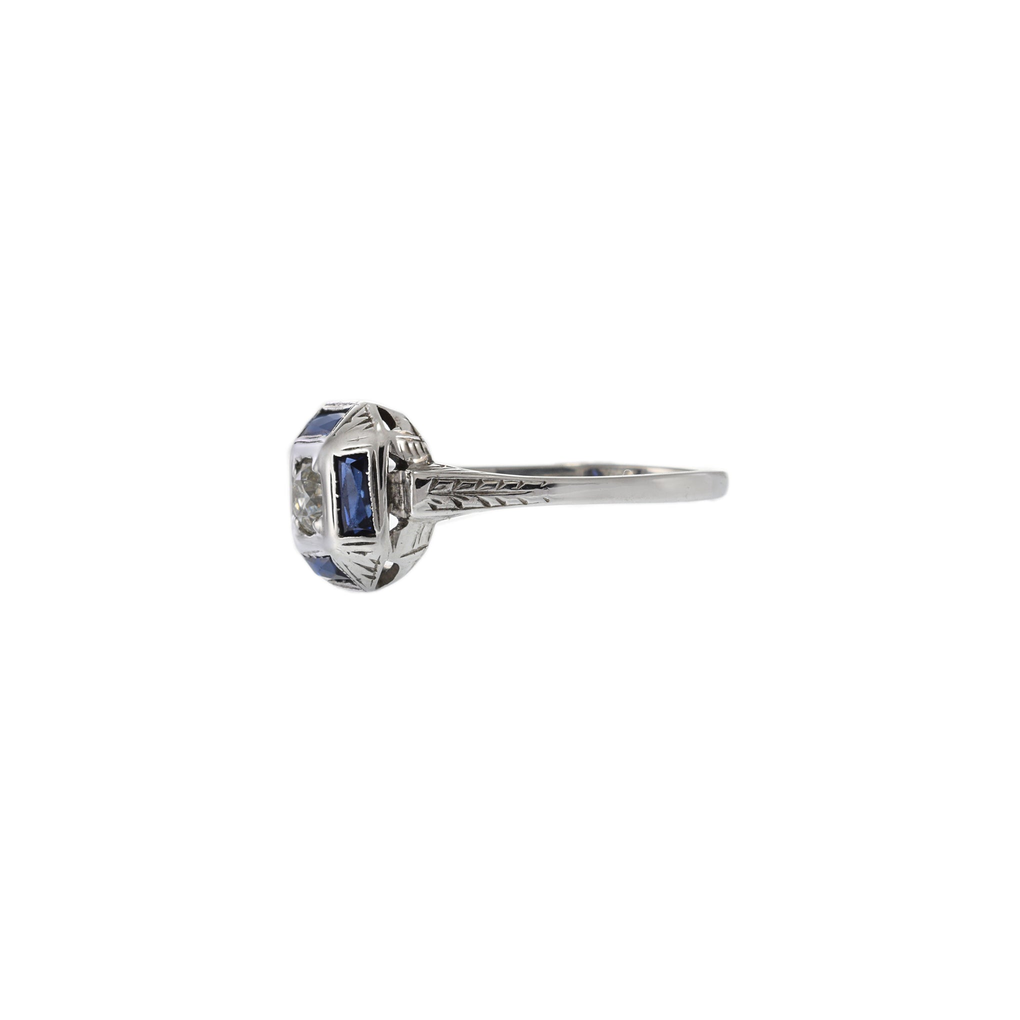 14KT White Gold and Platinum Art Deco Sapphire and Diamond Filigree Ring