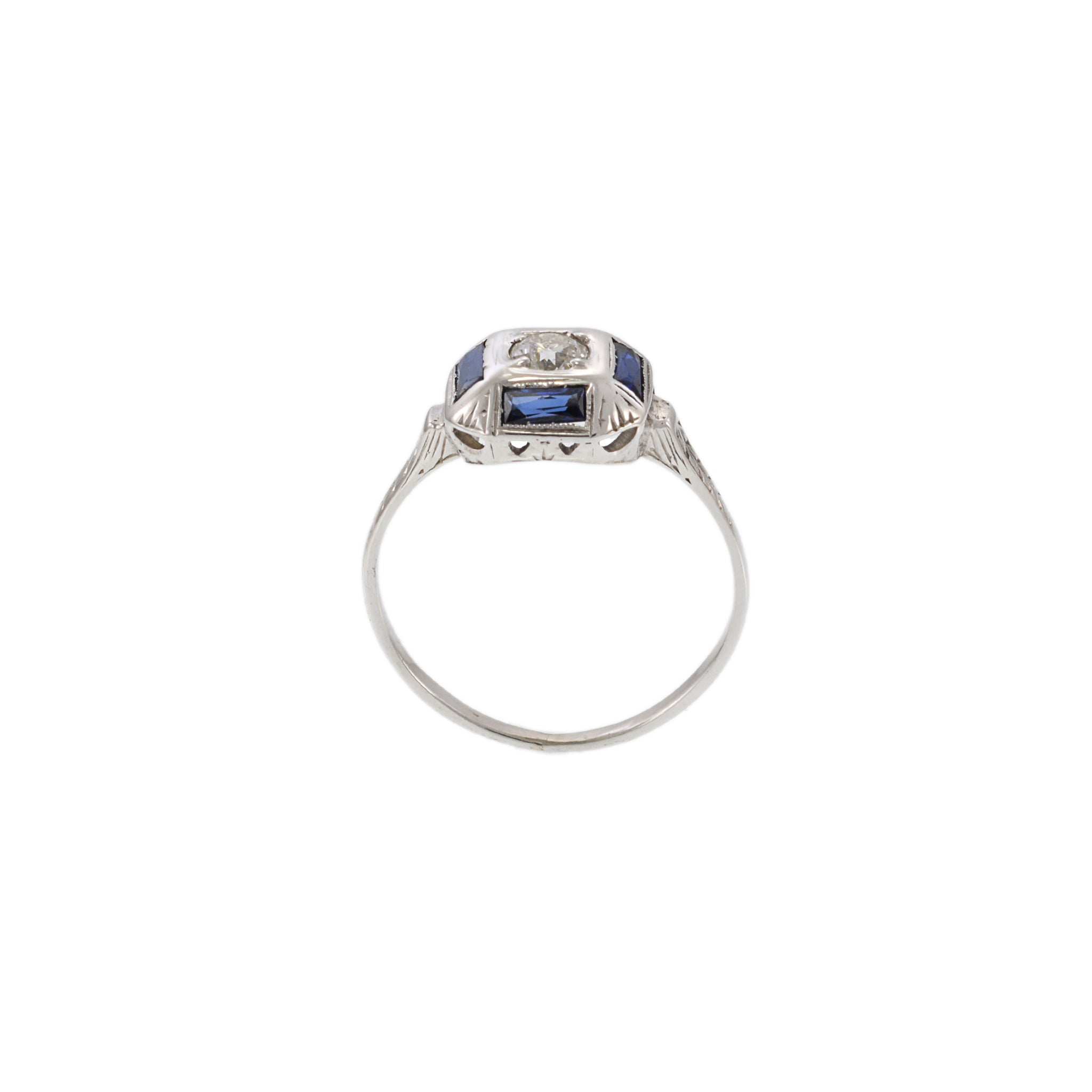 14KT White Gold and Platinum Art Deco Sapphire and Diamond Filigree Ring