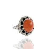 Estate Platinum Diamond, Black Onyx And Coral Ring