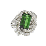 Vintage Retro Era Platinum Green Tourmaline and Diamond Cocktail Ring