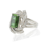 Vintage Retro Era Platinum Green Tourmaline and Diamond Cocktail Ring