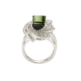 Vintage Retro Era Platinum Green Tourmaline and Diamond Cocktail Ring