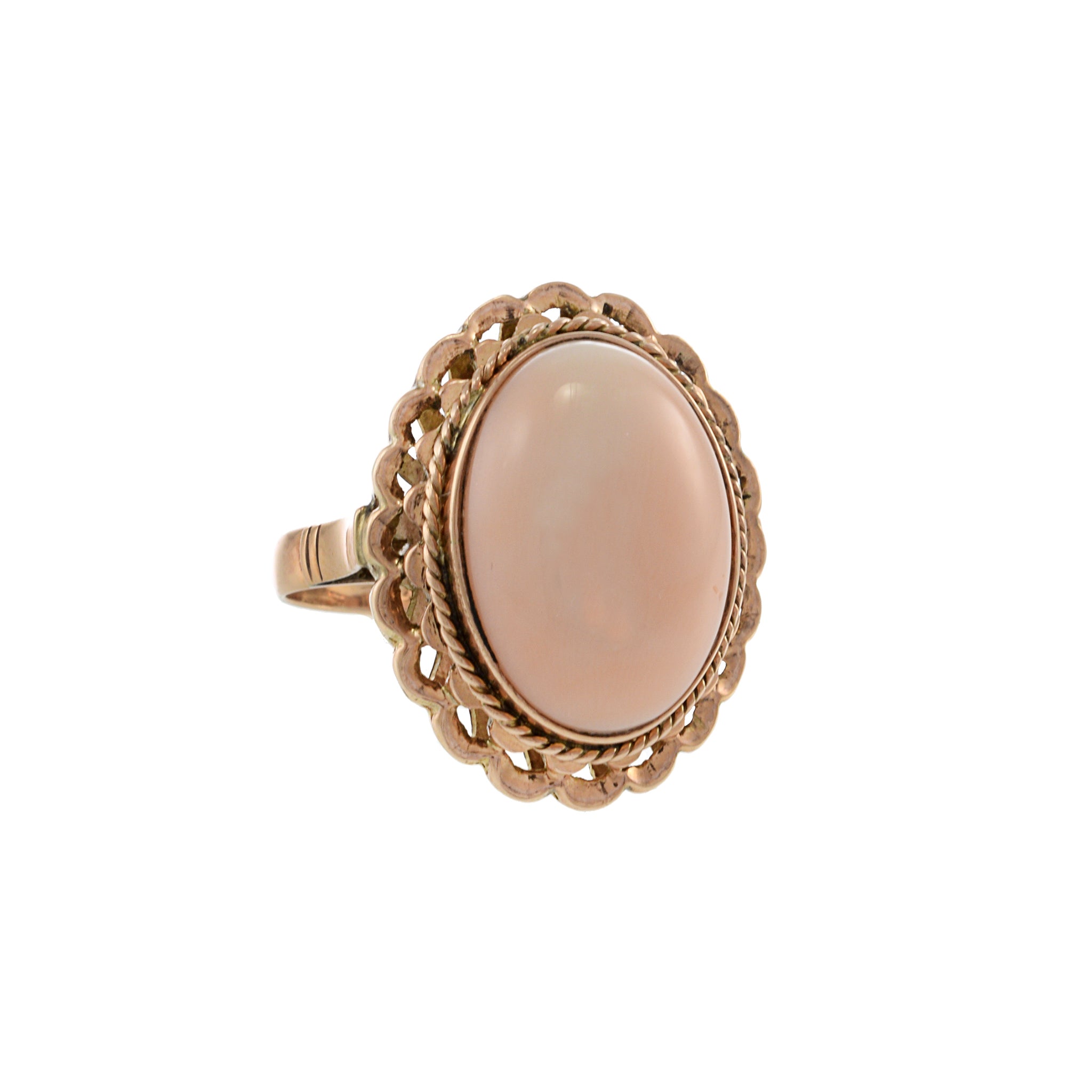 14KT Rose Gold Antique Natural Large Oval Cabochon Pink Coral Ring