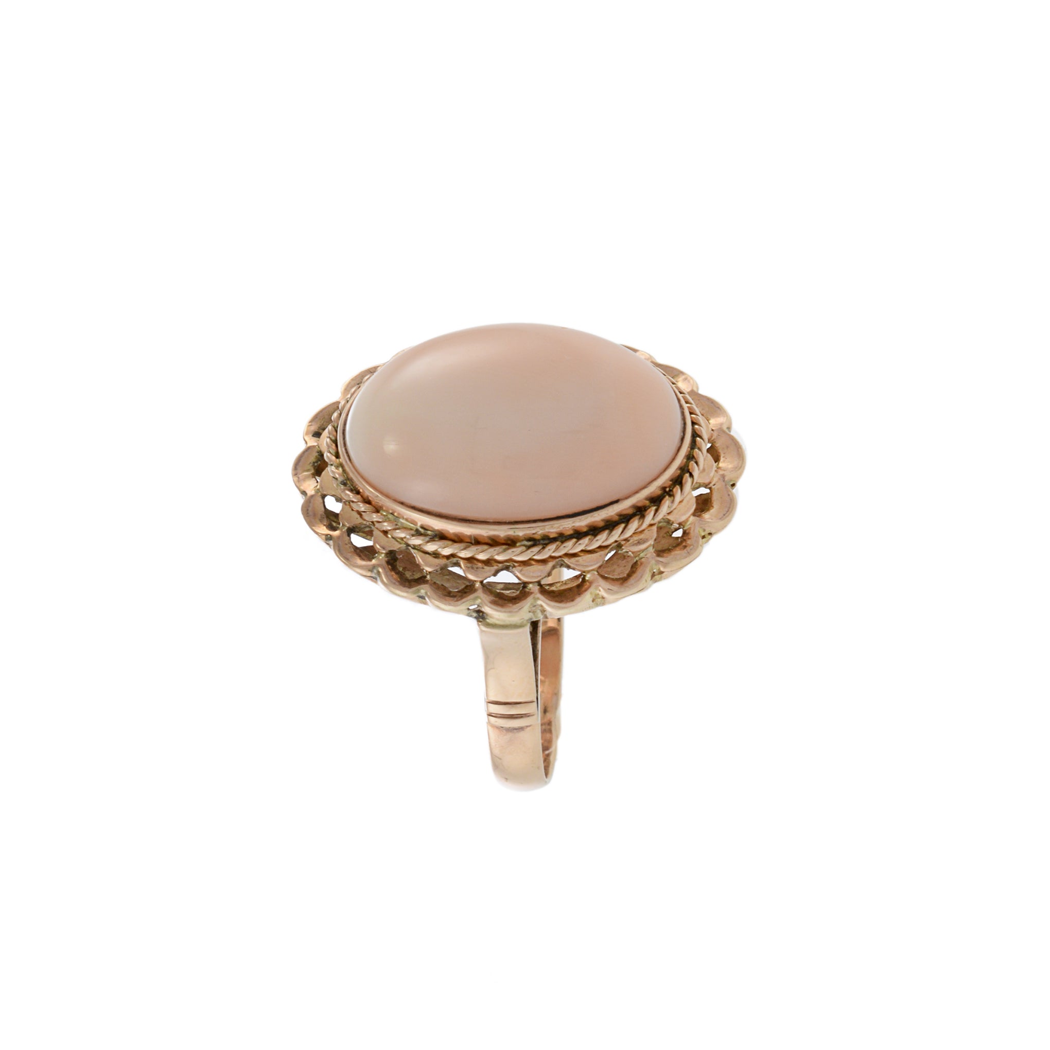 14KT Rose Gold Antique Natural Large Oval Cabochon Pink Coral Ring