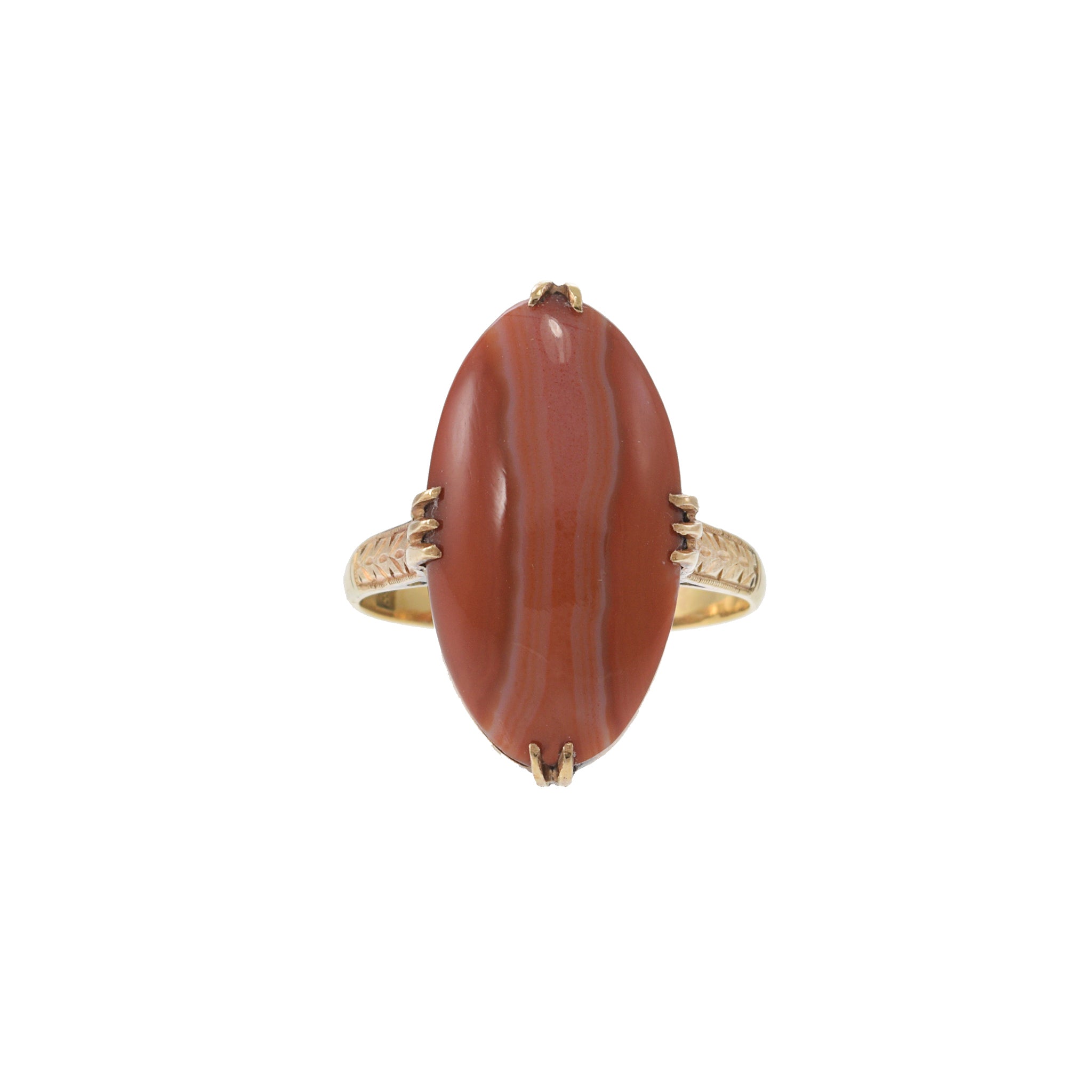 18KT Yellow Gold 1970s Red Agate Filigree Marquise Ring