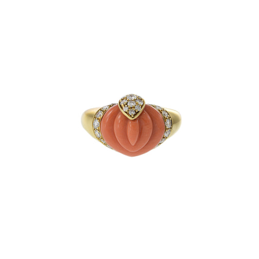 18KT Yellow Gold 1970s Natural Carved Coral and Diamond Ring