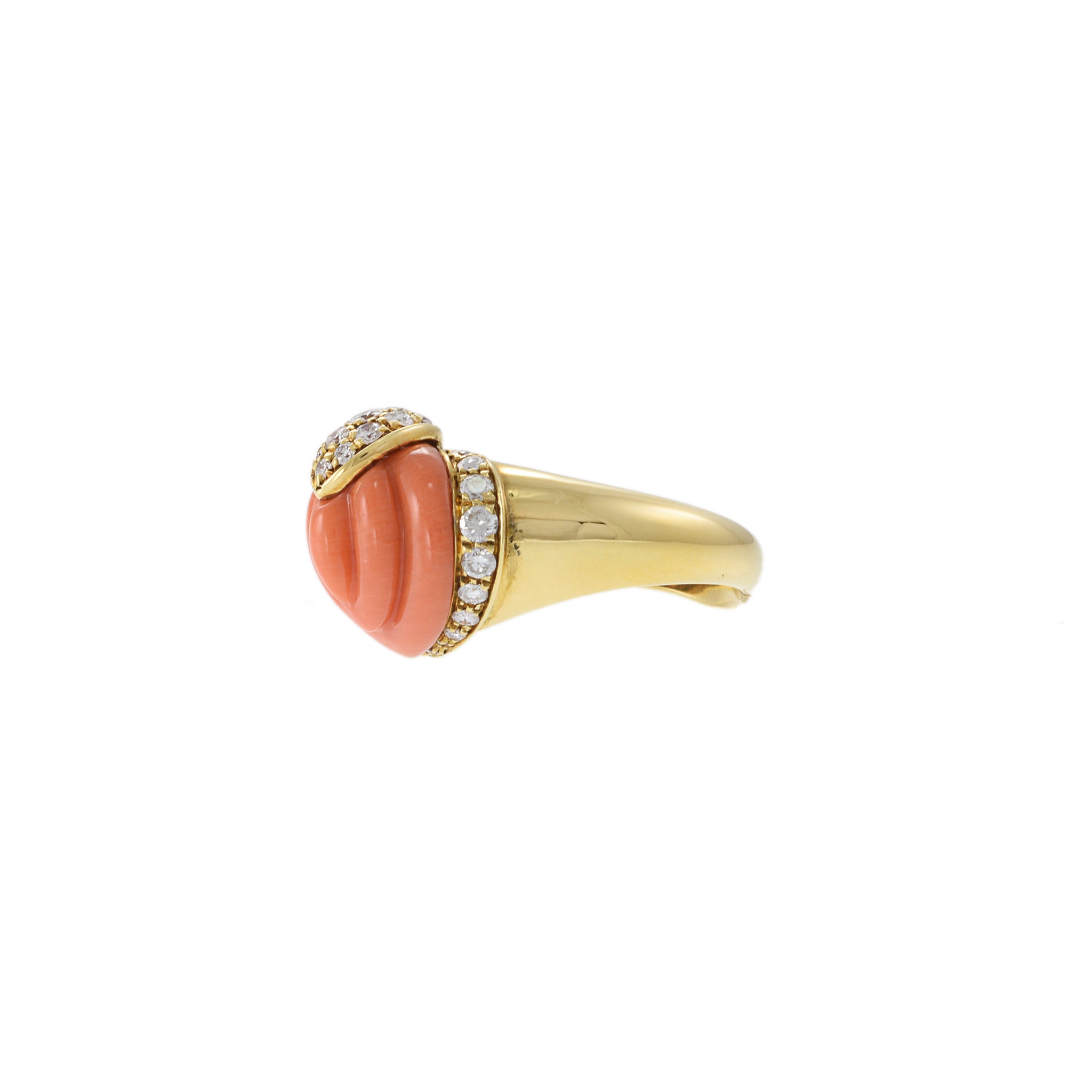 18KT Yellow Gold 1970s Natural Carved Coral and Diamond Ring