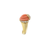 18KT Yellow Gold 1970s Natural Carved Coral and Diamond Ring