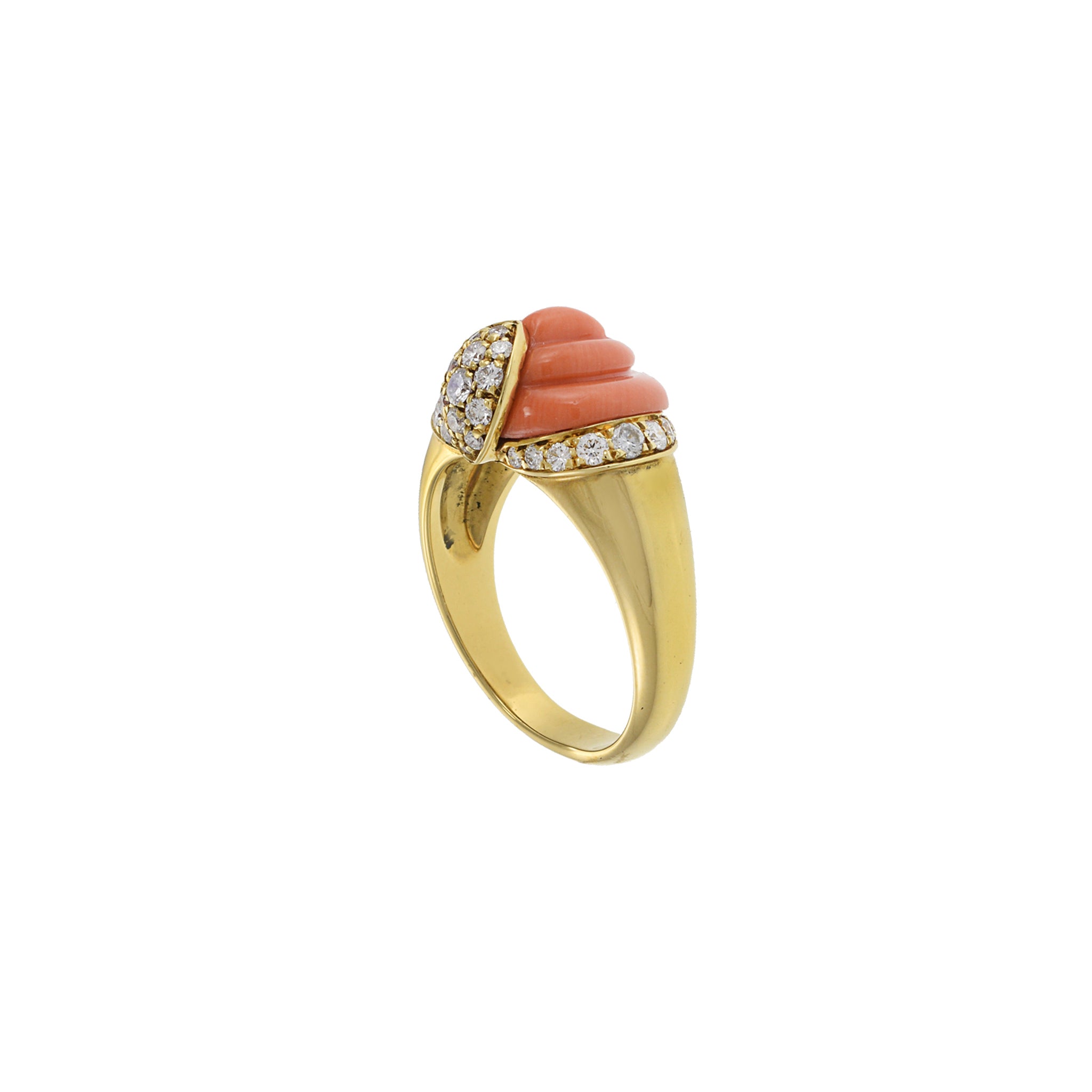 18KT Yellow Gold 1970s Natural Carved Coral and Diamond Ring