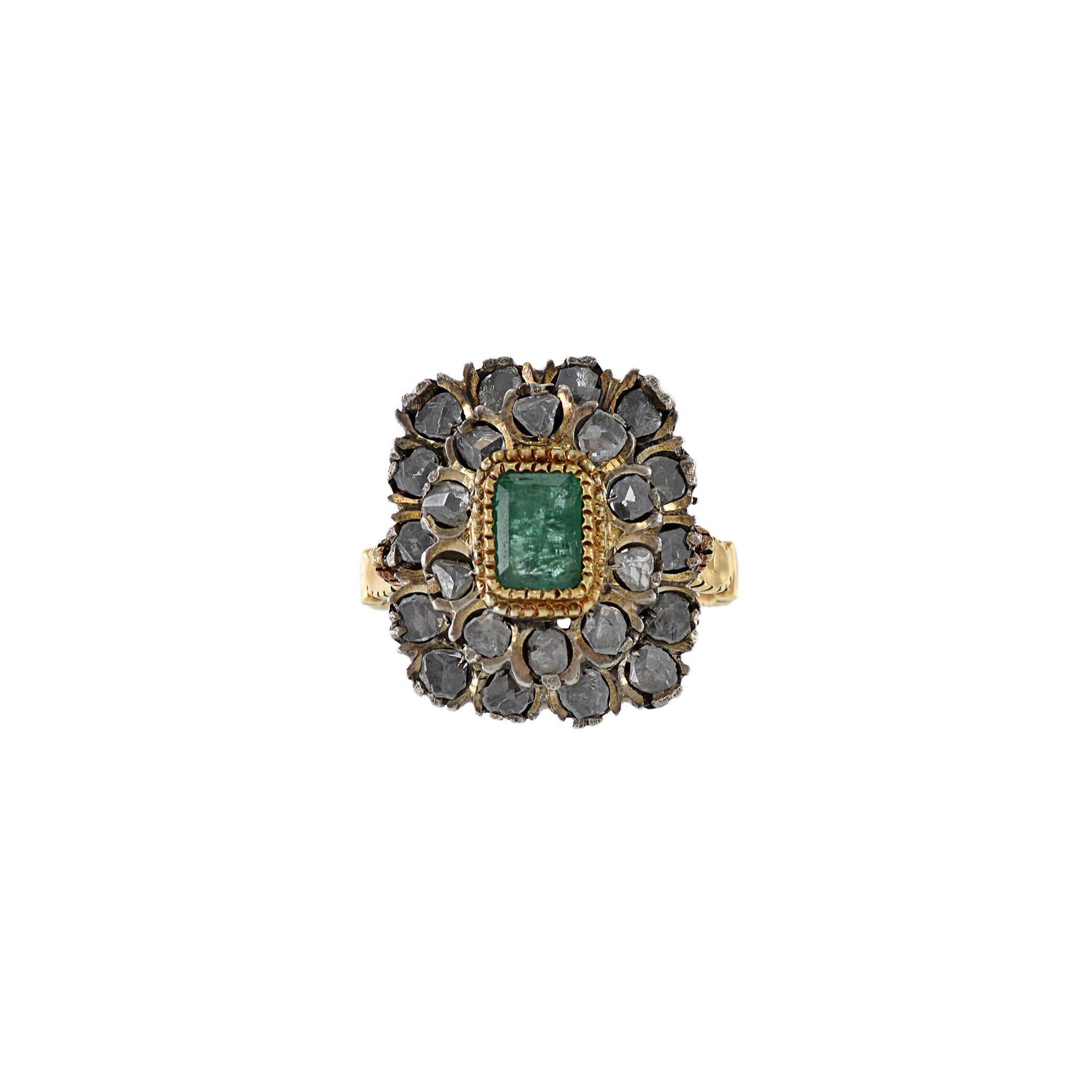 Antique Victorian Era 18KT Yellow Gold Silver Top Emerald And Diamond Ring