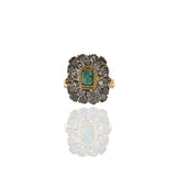 Antique Victorian Era 18KT Yellow Gold Silver Top Emerald And Diamond Ring