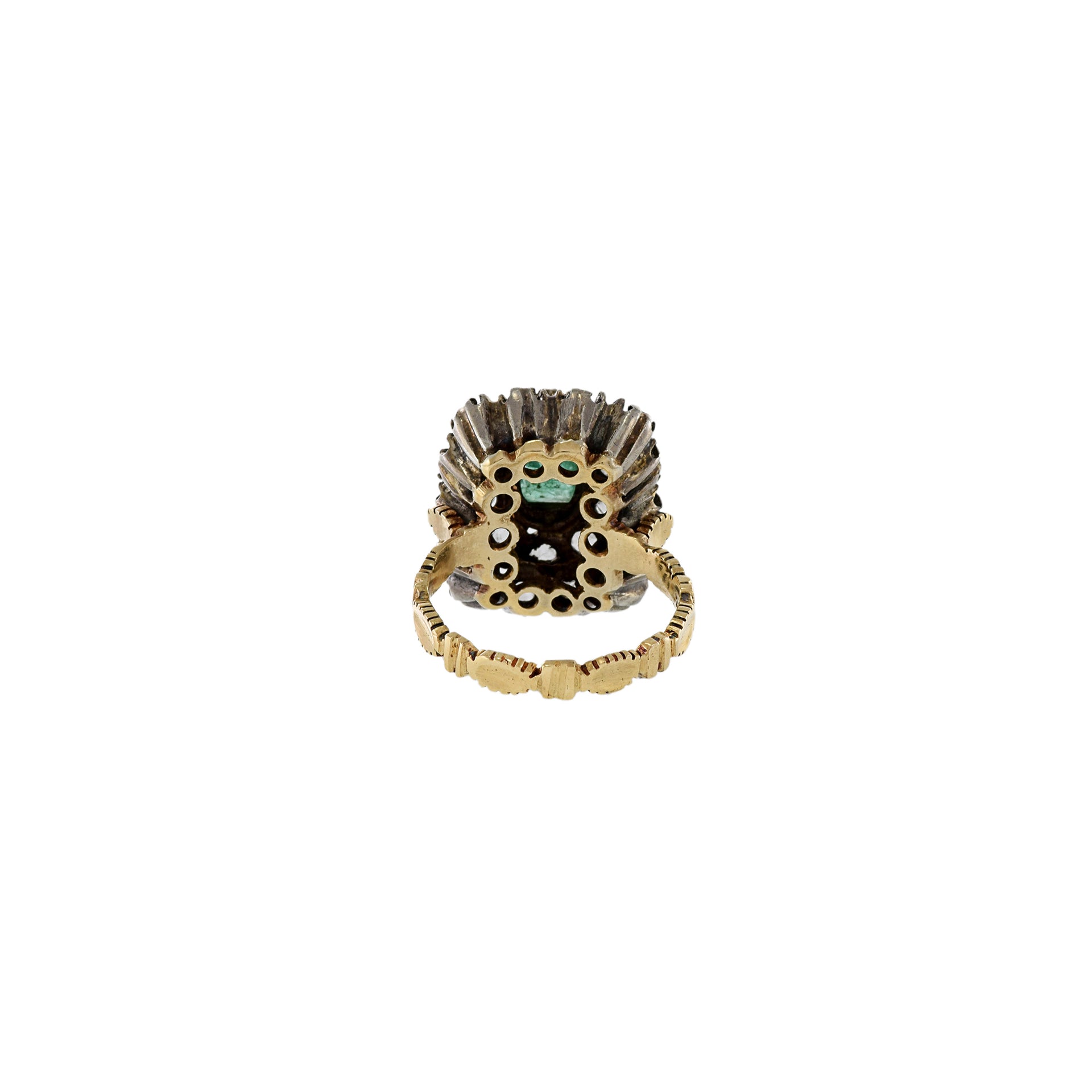 Antique Victorian Era 18KT Yellow Gold Silver Top Emerald And Diamond Ring