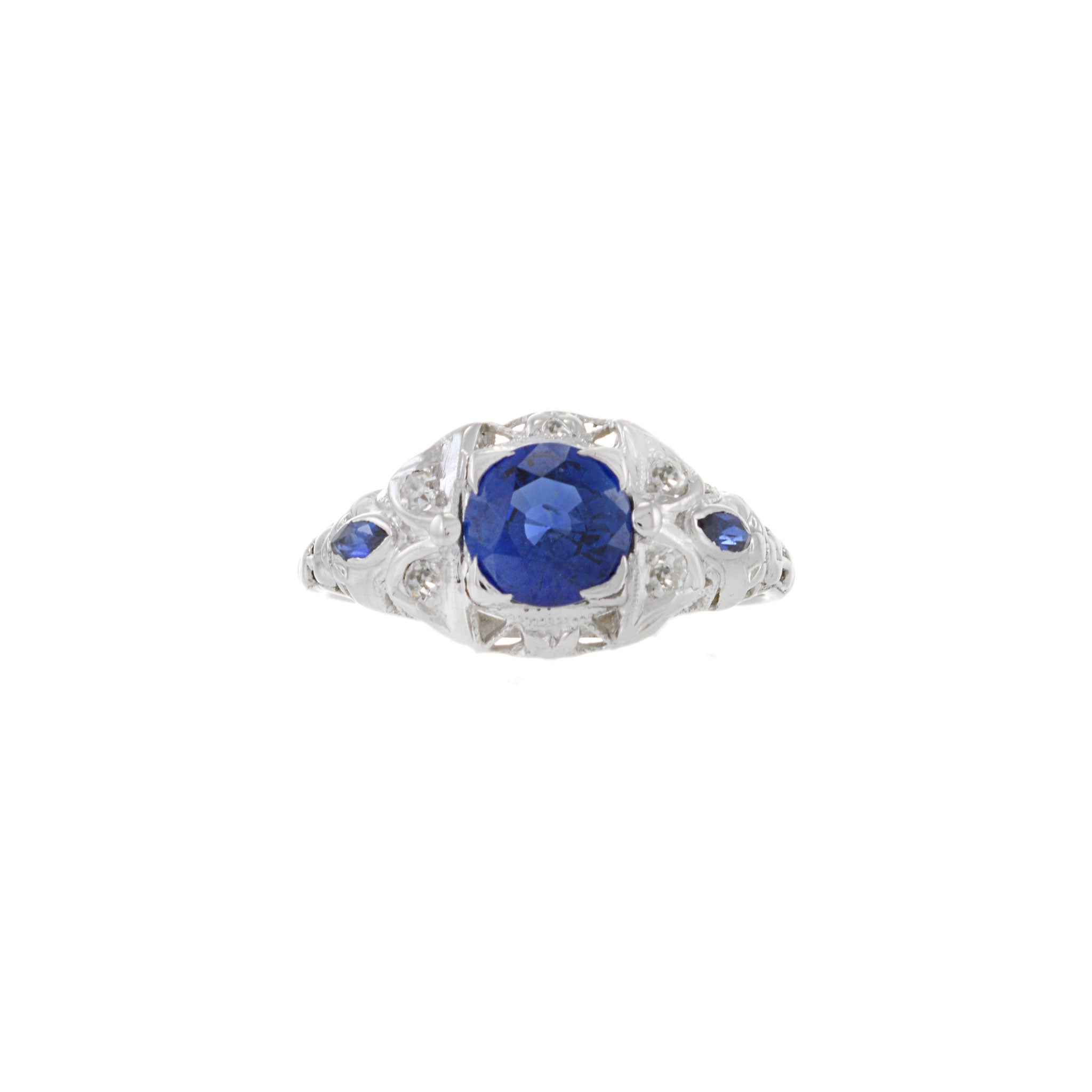 Estate Art Deco 18KT White Gold Sapphire And Diamond Ring