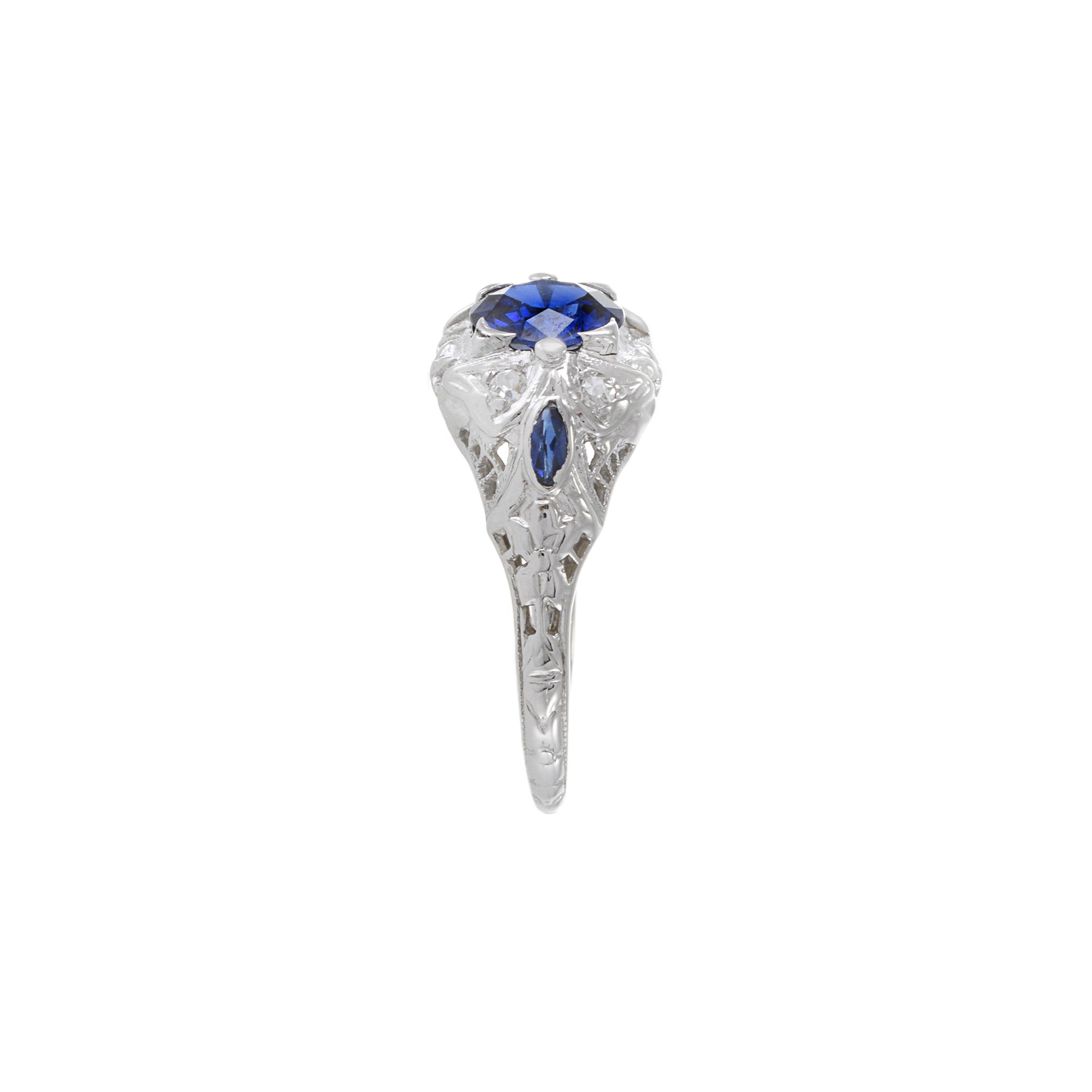Estate Art Deco 18KT White Gold Sapphire And Diamond Ring