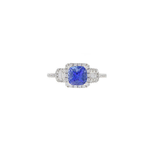 18KT White Gold Cushion Cut Tanzanite And Diamond Ring