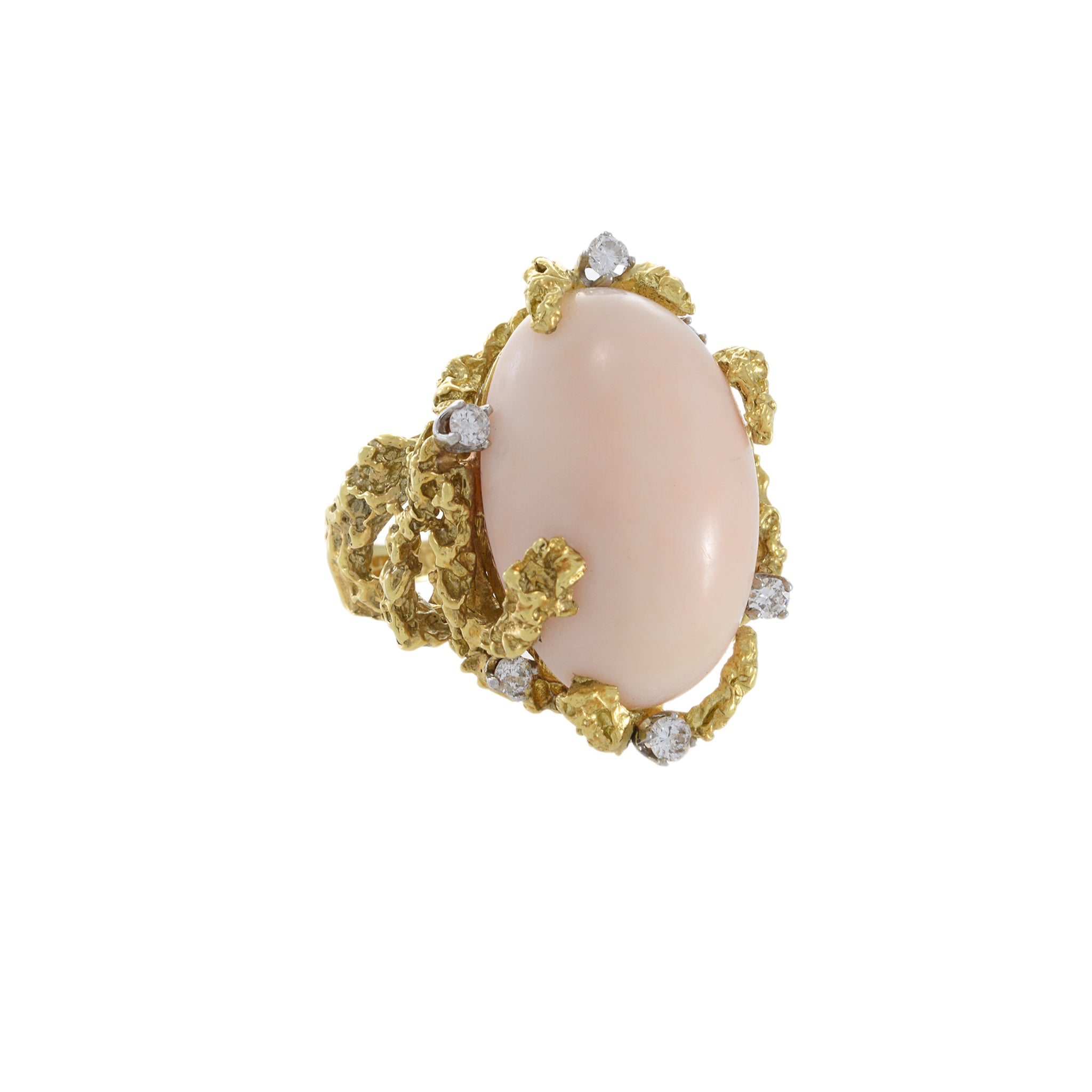 Retro Era 18KT Yellow Gold Angel Skin Coral And Diamond Ring