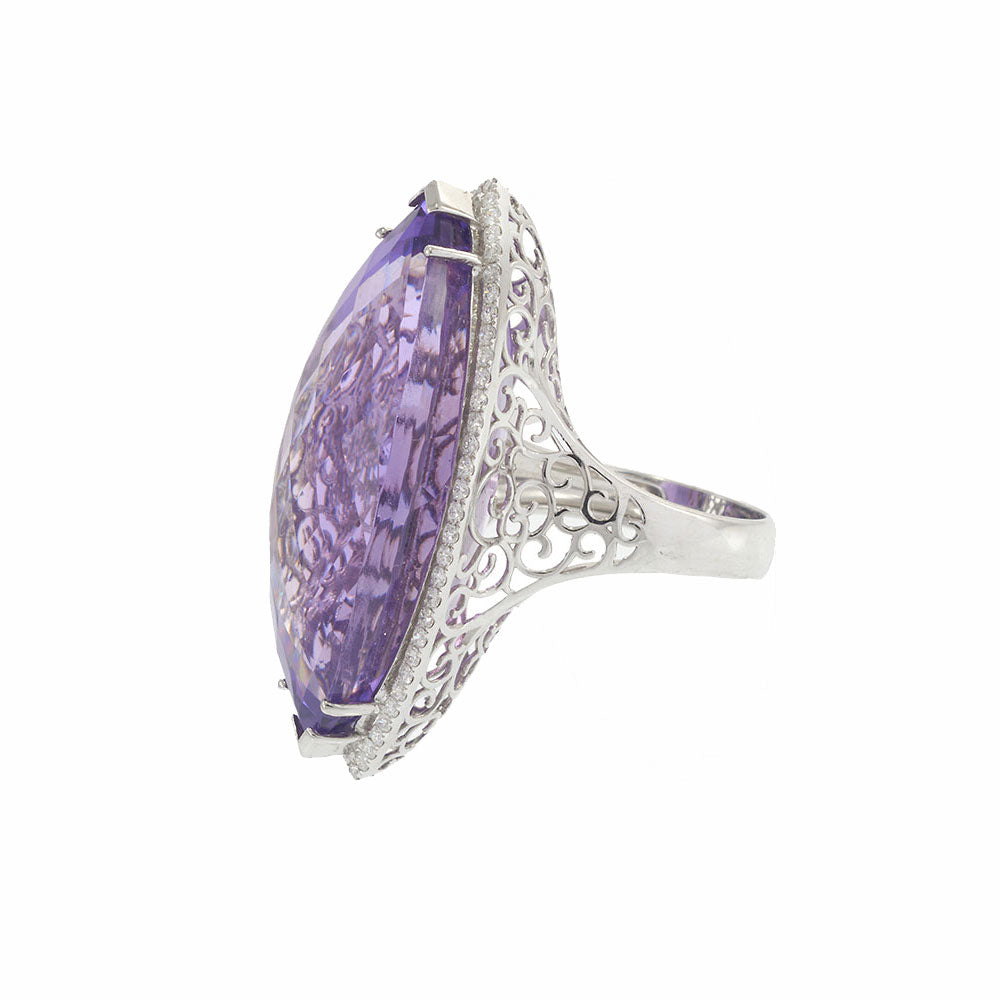 18KT White Gold Marquise Amethyst Cocktail Ring with Diamond Halo